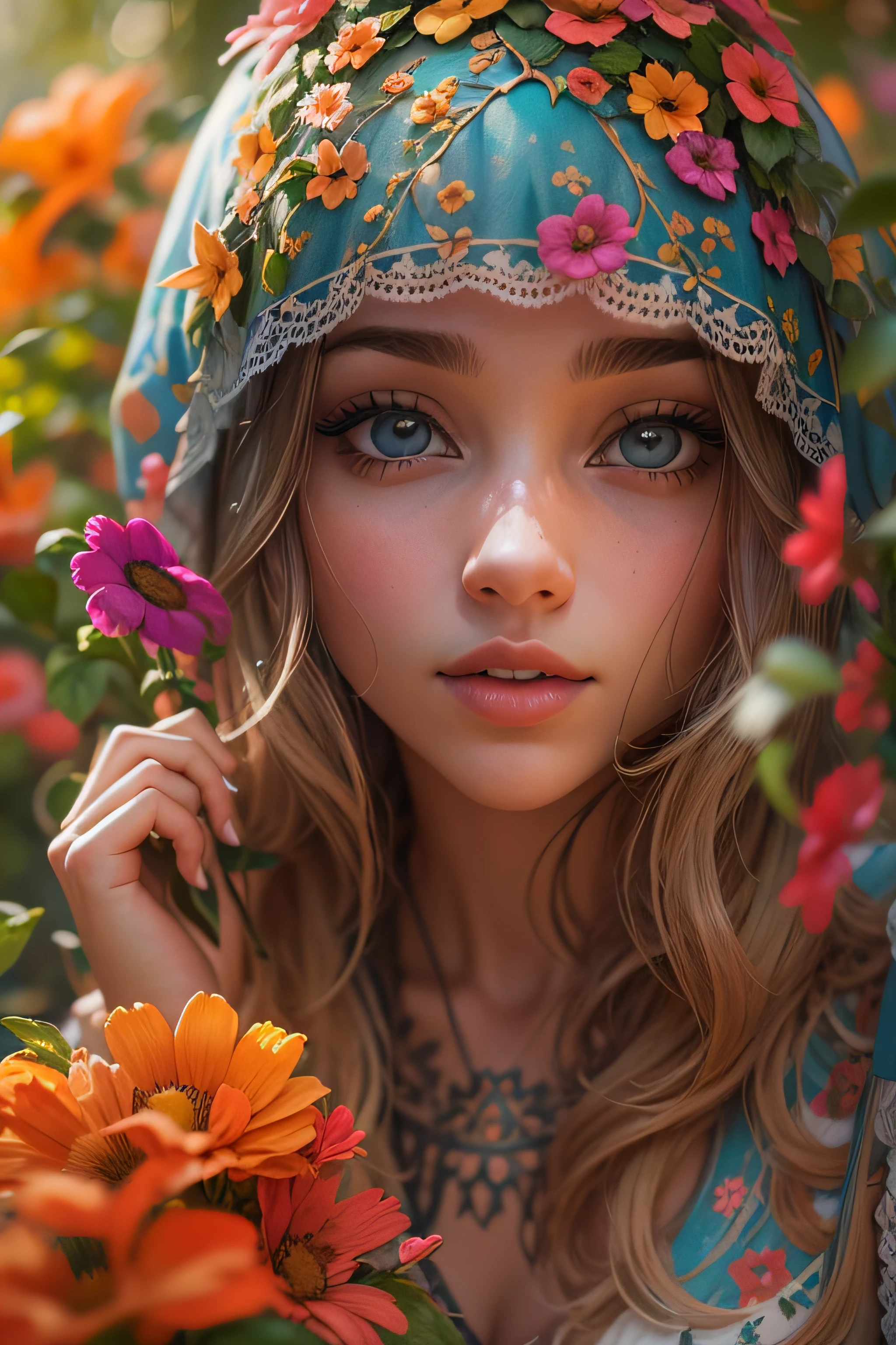 Ojos y cara extremadamente detallados, hermosos labios detallados, A girl in a garden, pintura, Renderizado 3D, Obra maestra:1.2, Ultra detallado, realista:1.37, profesional, vivid colors, HDR, Studio lighting, Bokeh, Retratos, Paisaje, vivid colors, Warm color scheme, natural lighting.