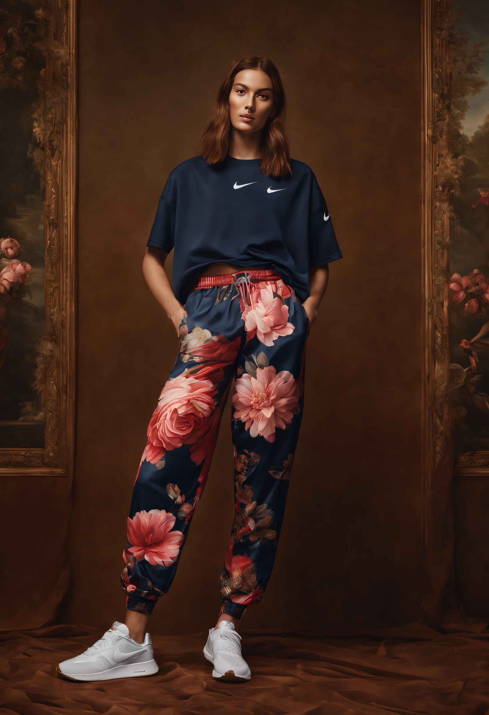 hyper realistic close nike's new campaign featuring a Mona Lisa posing in floral pants, in the style of light red and dark navy, classical academic painting, photo taken with nikon d750, golden age aesthetics, contest winner, simple and elegant style