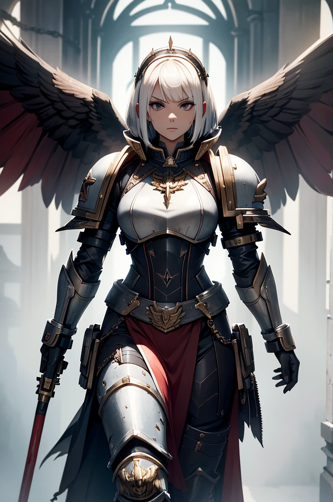 cowboy shot, <lora:eisu:1> traditional media,, ultra detailed, masterpiece, best quality, aesthetic, detailed,, serious, 1girl, (white eyes:1.1), (grey eyes:1.3), white hair, very long hair, parted hair, parted bangs, <lora:parted_hair_v1.3:1.3>, medium breasts,, valkyrie, (bodysuit:1.1), pink wing hair ornament, grey armored skirt, black bodysuit, armor, gauntlets, pink breastplate, greaves, armored dress, pink hues,