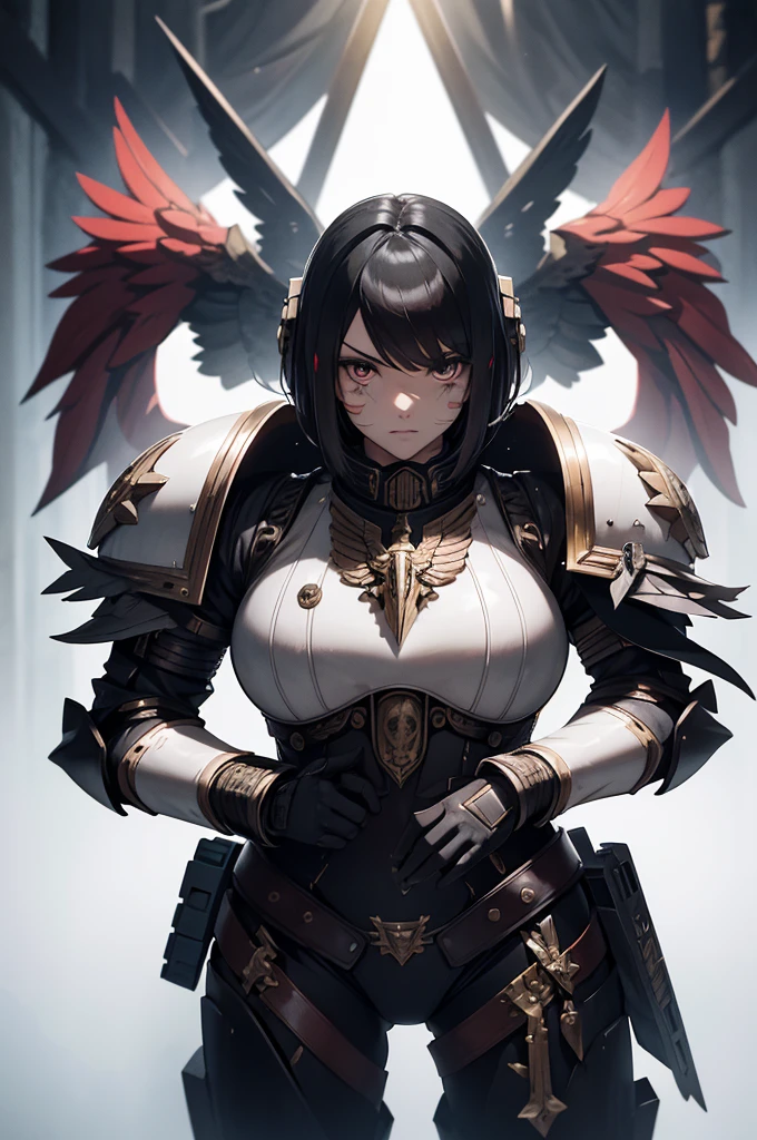 warhummer 40000, adepta sororitas, girl, 1 person, beautiful face, a beautiful face, the perfect face, European face, expressive features, correct facial anatomy, beautiful eyes, beautiful nose, facial scars, white hair (hair styles the bob), power armour (red colour, material metal, full body armour, legs in full armor, lots of details, the image of an eagle on the chest), sister battle, bolter, warhummer 40000 style, high image quality, background (gloomy, gothic, temple, grandiose), dark fantasy, science fiction, ultradetalization, in full growth, cinematography, 8k, realistic