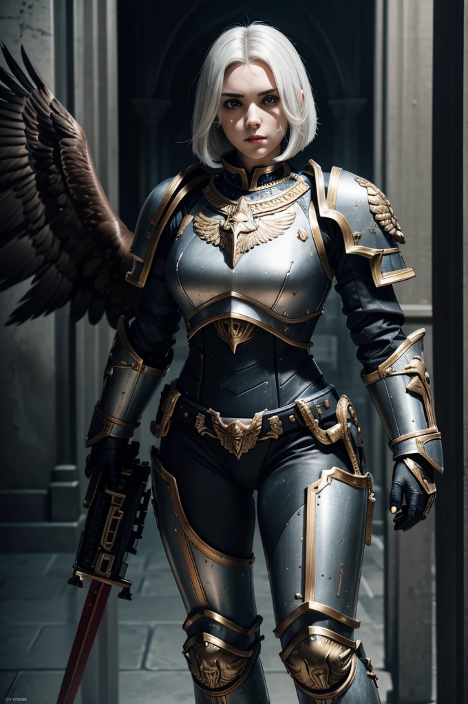 warhummer 40000, adepta sororitas, girl, 1 person, beautiful face, a beautiful face, the perfect face, European face, expressive features, correct facial anatomy, beautiful eyes, beautiful nose, facial scars, white hair (hair styles the bob), power armour (red colour, material metal, full body armour, legs in full armor, lots of details, the image of an eagle on the chest), sister battle, bolter, warhummer 40000 style, high image quality, background (gloomy, gothic, temple, grandiose), dark fantasy, science fiction, ultradetalization, in full growth, cinematography, 8k, realistic