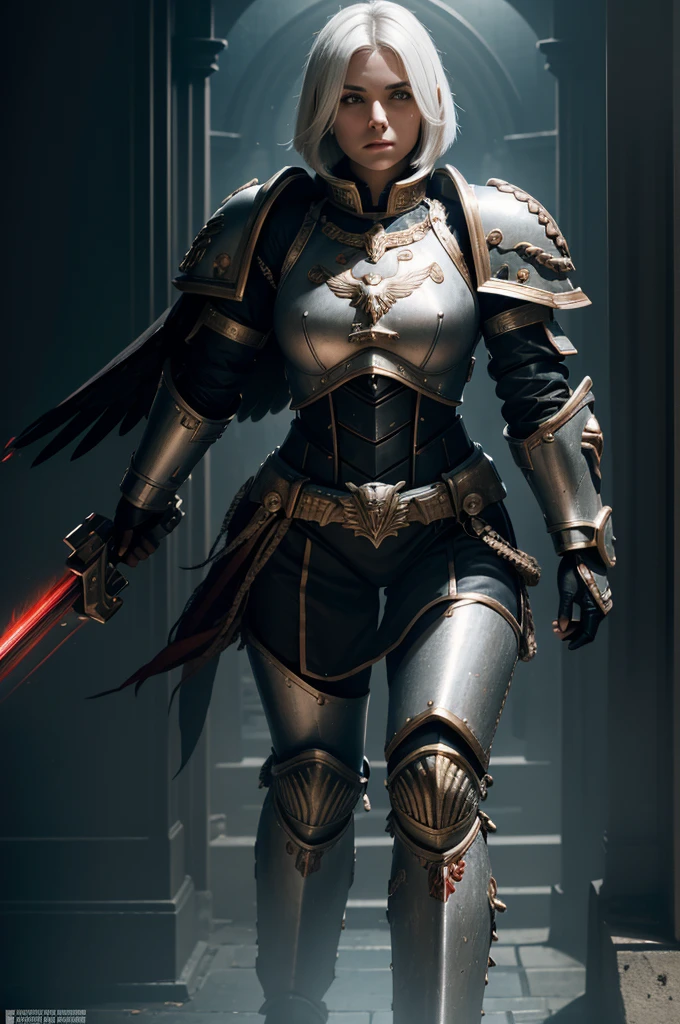 warhummer 40000, adepta sororitas, girl, 1 person, beautiful face, a beautiful face, the perfect face, European face, expressive features, correct facial anatomy, beautiful eyes, beautiful nose, facial scars, white hair (hair styles the bob), power armour (red colour, material metal, full body armour, legs in full armor, lots of details, the image of an eagle on the chest), sister battle, bolter, warhummer 40000 style, high image quality, background (gloomy, gothic, temple, grandiose), dark fantasy, science fiction, ultradetalization, in full growth, cinematography, 8k, realistic