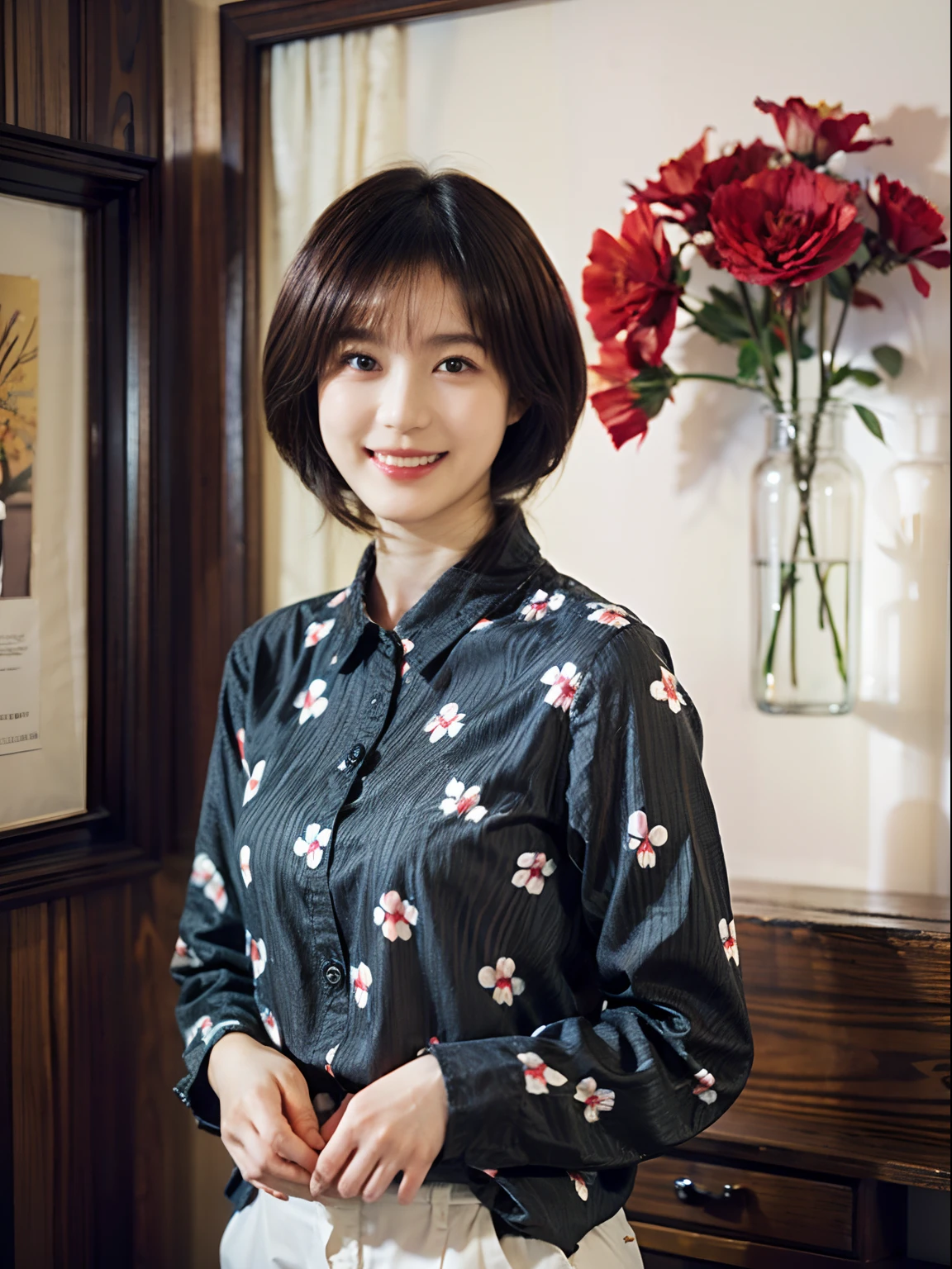 93
(a 20 yo woman,is standing), (A hyper-realistic), (masutepiece), ((short-hair:1.46)), (Smooth black hair), wear long pants, (Wearing a long-sleeved shirt with a floral print), (painterly、picture frame), (Gentle smile), (Keep your mouth shut)