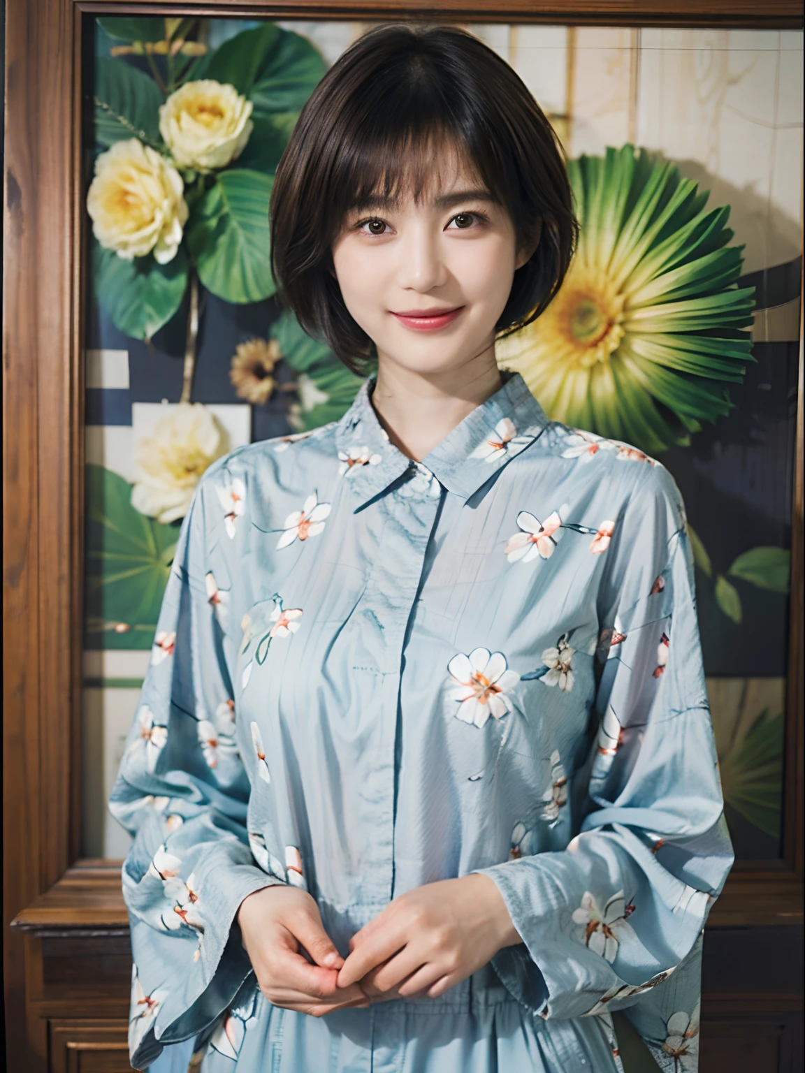 93
(a 20 yo woman,is standing), (A hyper-realistic), (masutepiece), ((short-hair:1.46)), (Smooth black hair), wear long pants, (Wearing a long-sleeved shirt with a floral print), (painterly、picture frame), (Gentle smile), (Keep your mouth shut)