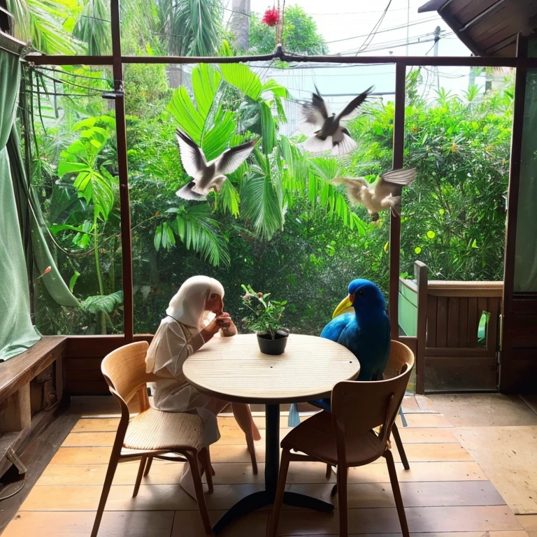 a bird、cafes、Birds are guests、Has a small、realisitic、parakeet、cute little