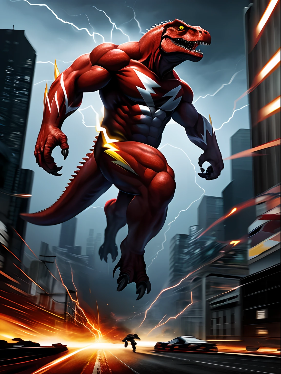 an image of an the flash is Tyrannosaurus Rex wearing mask , wearing the flash costum, flash effect, dramatic pose, run fast, runing pose, Jurassic reference, low lighting, hybrid, perfect composition, Digital painting, Professional, masterpiece, best quality, war, destroy city background, city war, 1 character, super detail, best finishing, fullbody, thunder flash around, speed effect