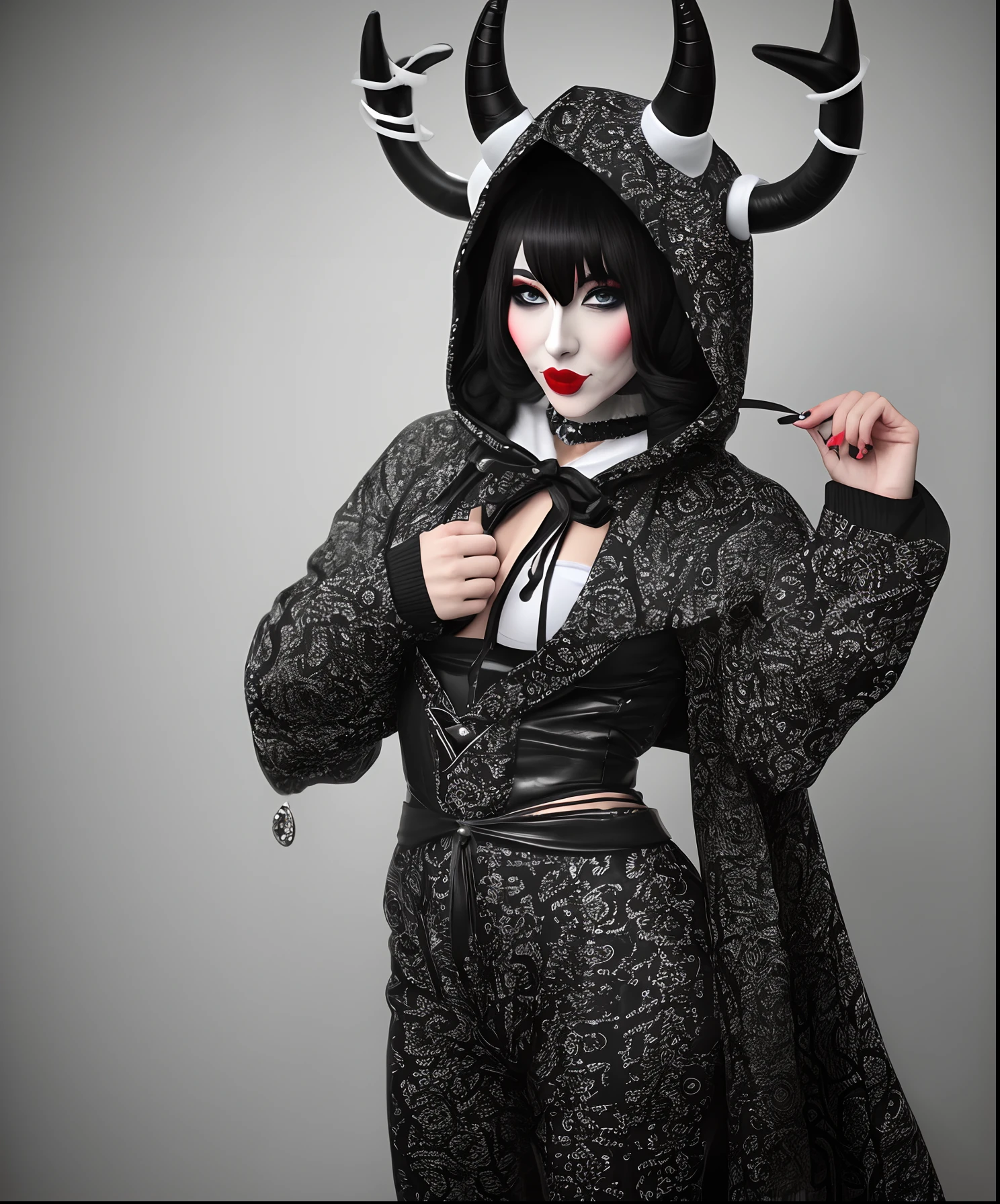 Black and white spiral jester outfit with an attached hood with horns drag queen outfit