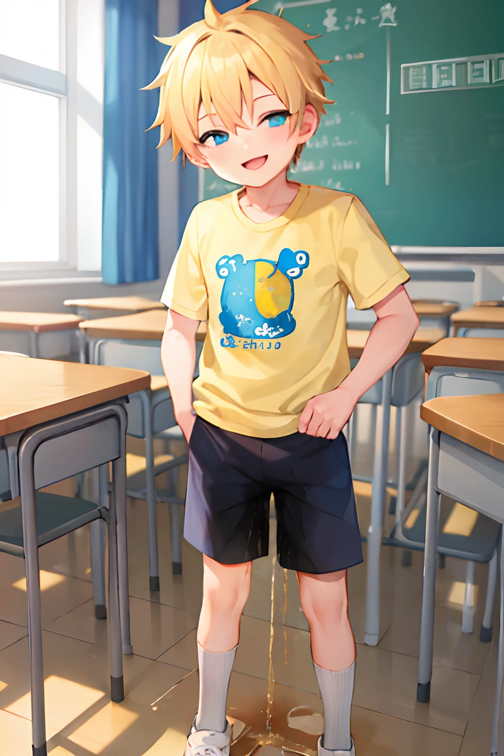 e boy, Yellow hair, Blue children's clothing, ((pee stain)), Smiling, Inside the classroom