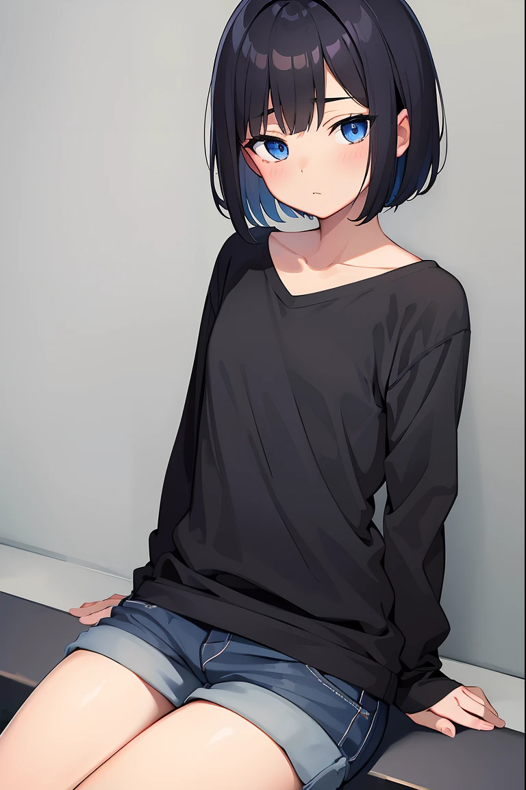 masterpiece:1.2, best quality, ((ultra detailed)), high resolution, 2d, anime style , photo, photography, detailed background, (1boy,otoko no ko, feminine),cute face,short hair,bob cut,(black hair),flat chest, BREAK solo,(droopy eyes:1.3),,((blue eyes;1.2 )), beautiful thighs,surprised,blush, BREAK cowboy shot,sitting,wariza,black sweater,black pantyhose,shorts BREAK pastel colors:1.4, solid paint:1.2, saturated color, contour