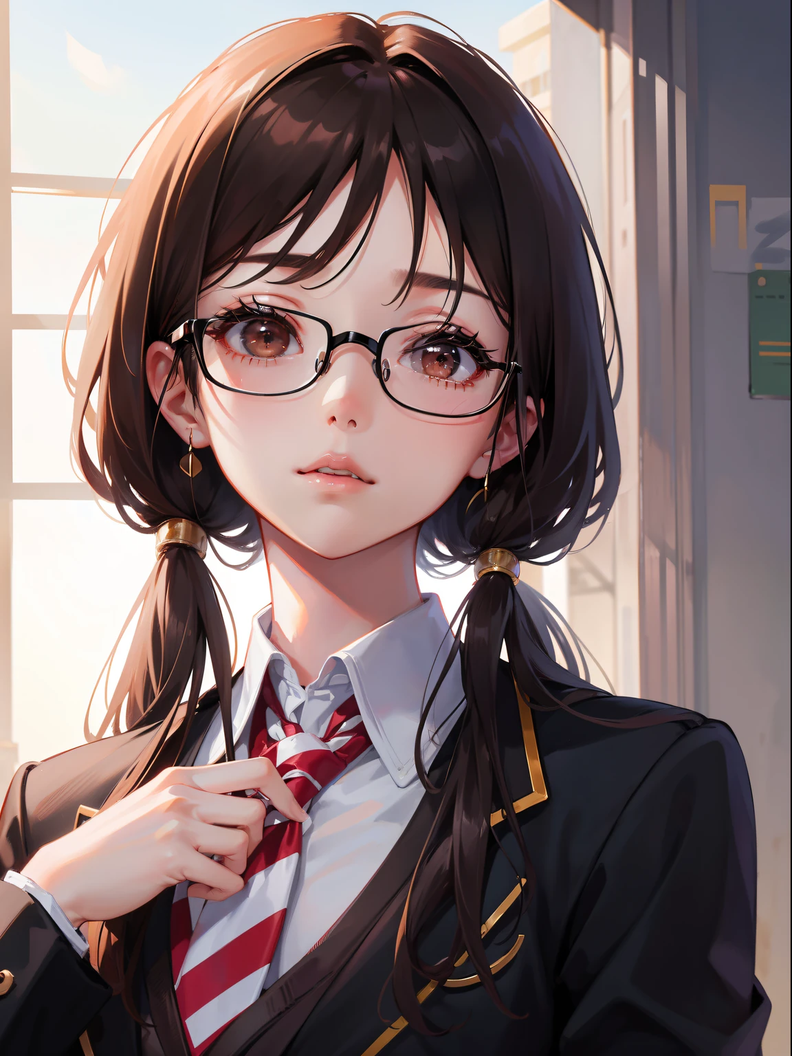 1人の女性、brown haired(Curta)、Brown eyes、Black-rimmed glasses、 Best Quality、ultra-detailliert、8K resolution、Raw photo、masutepiece、gorgeous faces、Perfect body、schools、Blazer Uniform