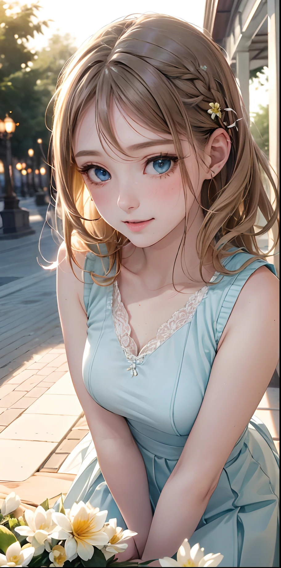 (masterpiece),(top-quality:1.2),1girl in,(masuter piece:1.3),exquisitedetails, Highest quality 8K resolution, Ultra-detailed, Realistic, Vibrant colors, Soft tones, With warm and gentle lighting,(Melody Marks:1.3),(Pink Ruffled Ribbon Dress,) (short twin-tailed blonde hair:1.2),(Hair parted in the middle:1.3),(Glowing hair),(Dark blue eyes:1.3),White skin, hair clips,Overflowing soft and gentle feelings,(The promenade is full of flowers),The sun's rays illuminate joy and pure love, Warm golden glow,The atmosphere is full of happiness and laughter, As if celebrating love,Sticking to ultra-detailed depictions and vivid colors. In a style that blends romanticism and realism、You can feel the depth of love,color palettes,Create an ethereal atmosphere like a dream,and the lighting is soft and diffused, Shine a gentle light on your face,The artwork is a masterpiece,