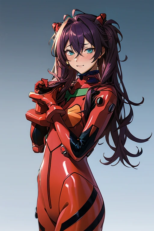 long hair, mole under mouth, purple hair, half twintails, hair between eyes, aqua eyes, sharp_teeth, ahoge, blush, cowboy shot,best quality, masterpiece, 1girl, solo, looking at viewer, standing, long hair, asuka cosplay costume, cosplay, plugsuit, bodysuit, hair ornament, simple background, anime_style