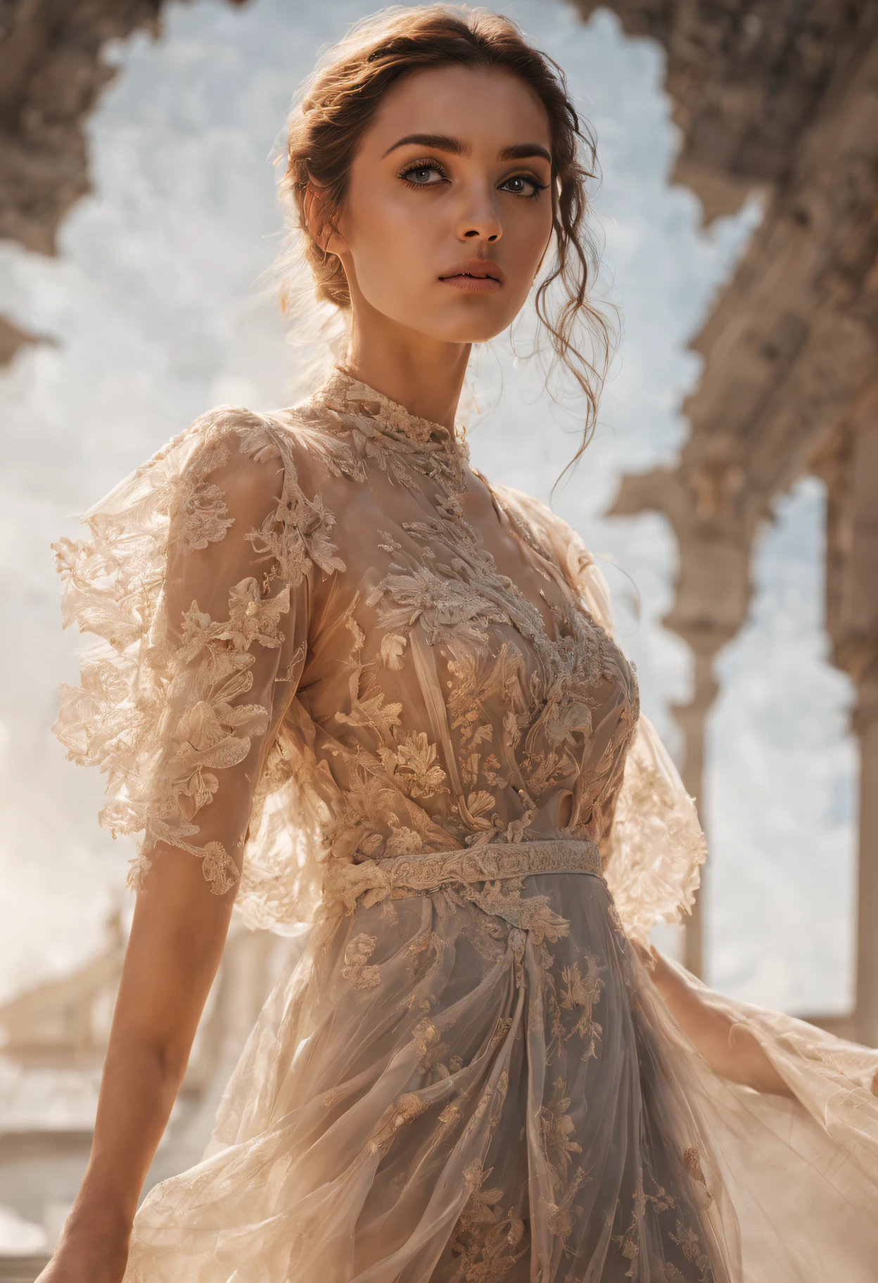 A mesmerizing photo of a young woman: detailed, realistic, and captivating, wearing sheer dress, small brest, full body visible,, delicate skin details, expressive facial characteristics. Full Body, The high-detail RAW color art captures her allure and determination. Shot in soft, diffused illumination with a limited depth of focus, her captivating stance and intense stare are in sharp focus. The outcome is a hyper-detailed, cinematic, marvel. (StableDifusionXL1. 0 - SeargeSDXL),(half body image)