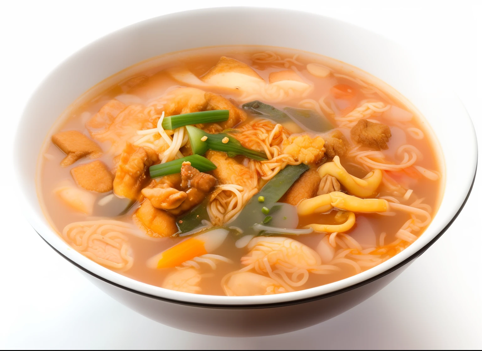 There is a stainless steel bowl of soup with noodles and meat, mouthwatering, daopao, in style of thawan duchanee, aokamei, Soup, Ramen, noodle dish, sichuan, Very tasty, spicy, Warm, warm