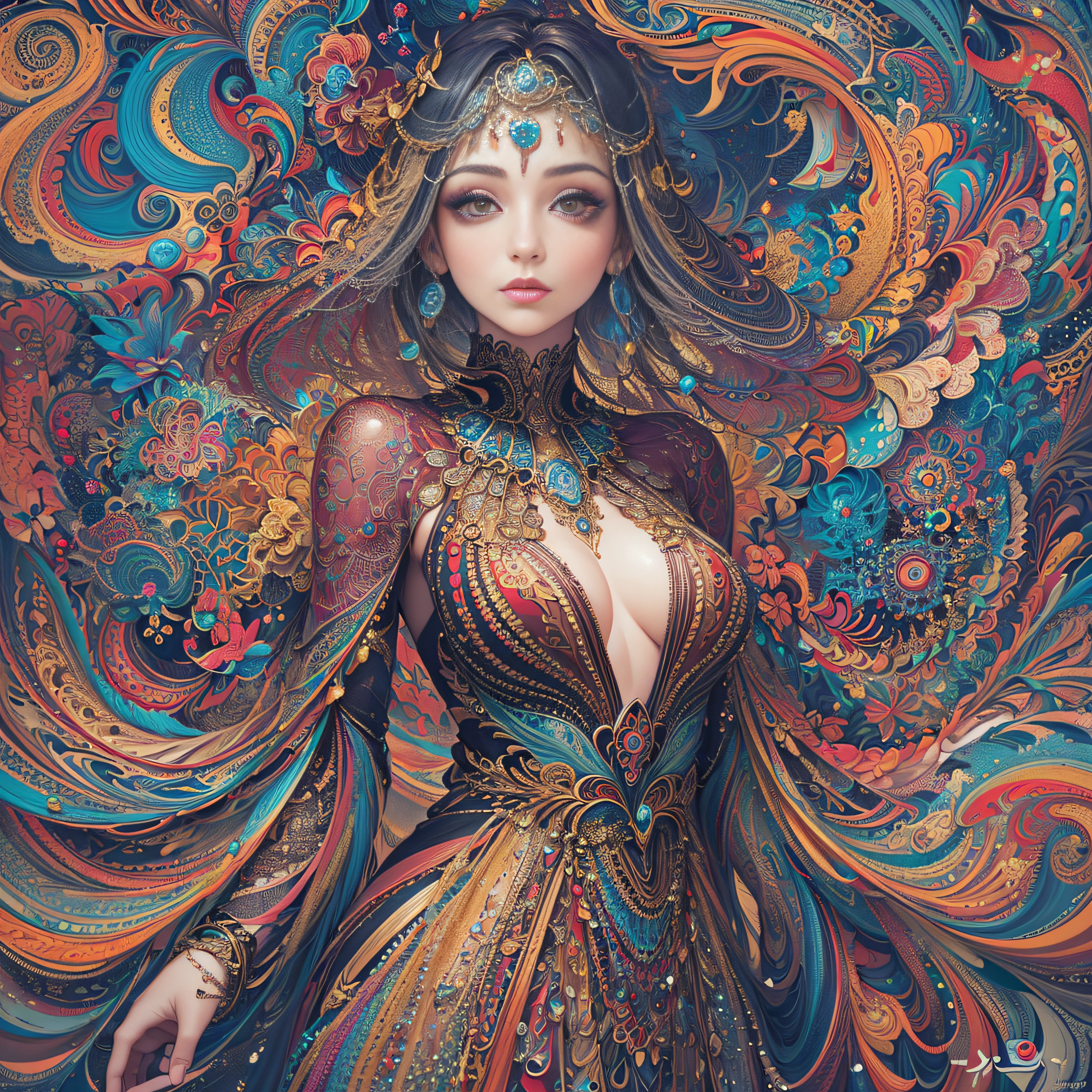 (masterpiece, top quality, best quality, official art, beautiful and aesthetic:1.2), (1girl:1.3), extremely detailed,(fractal art:1.2),colorful,highest detailed,(zentangle:1.2), (dynamic pose), (abstract background:1.5), (treditional dress:1.2), (shiny skin), (many colors:1.4), upper body