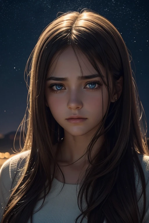 (best quality,4k,highres,ultra-detailed),A young woman in her early twenties,apologizing to the viewer sincerely for hurting him,bright and intense eye contact,teary-eyed,desperately desiring to make amends,feeling low and vulnerable,remorseful expression,soft and gentle facial features,flowing hair,subtle lighting emphasizing her emotions,neutral background,emotionally charged atmosphere,realistic and lifelike portrayal,deeply expressive eyes,night sky background; subtle shadows,vivid colors,authentic emotions captured,heartfelt apology portrayed through the woman's posture and expression.