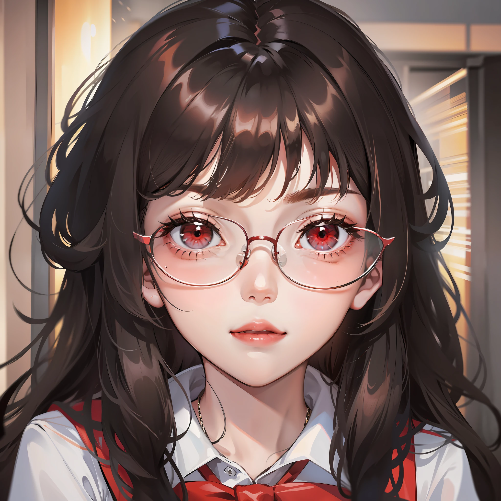 1 girl, long curly hair, black hair, face focused, light red eyes, girl, wearing glasses