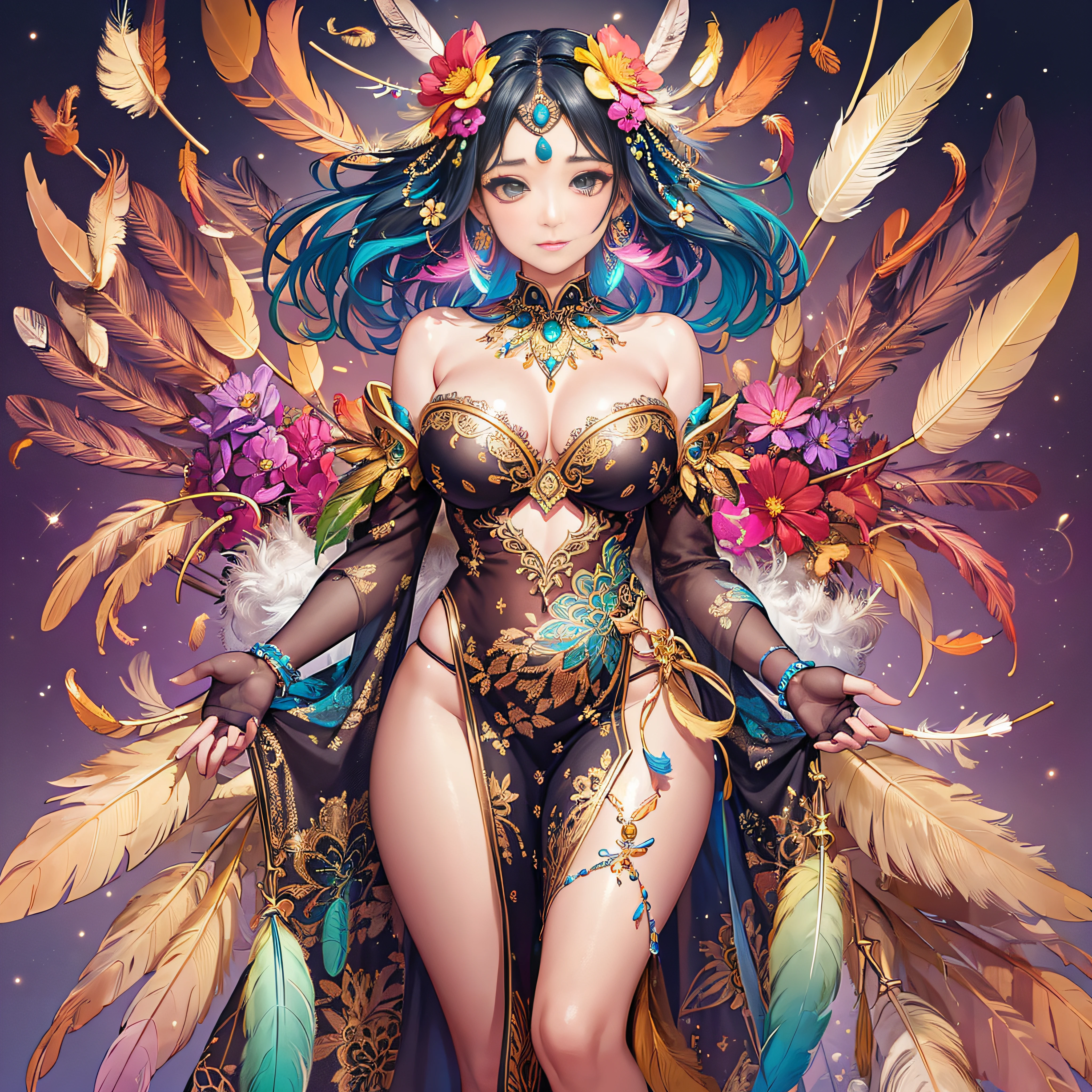 girl with, Big breasts, Bare shoulders, colorful feather, metal ornaments, Colorful flowers, Particle, light, (masutepiece, of the highest quality, Best Quality, Official art, Beautiful and aesthetic:1.2), (1girl in:1.3), Extremely detailed, (Fractal Art:1.1), ( Colorful:1.1)(Flowers:1.3),highest details,(Zentangle:1.2), (Dynamic Pose), (Abstract background:1.3), (Shiny skin), (Many colors:1.4), (earrings:1.4), (Feathers:1.4), Full body image