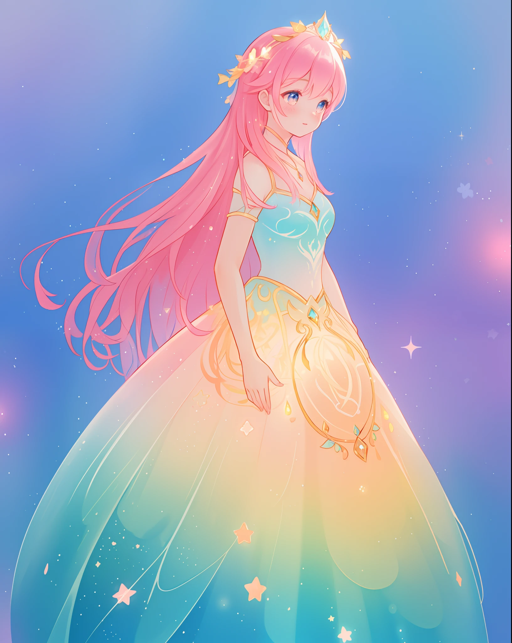 beautiful girl in sparkling gradient ballgown, long wavy peach pink hair, vibrant pastel colors, (colorful), colorful watercolor background, ethereal, magical lights, sparkling liquid light, inspired by Glen Keane, inspired by Lois van Baarle, disney art style, by Lois van Baarle, glowing aura around her, by Glen Keane, jen bartel, glowing lights! digital painting, flowing glowing hair, glowing flowing hair, beautiful digital illustration, fantasia background, whimsical, magical, fantasy, beautiful face, ((masterpiece, best quality)), intricate details, highly detailed, sharp focus, 8k resolution, sparkling detailed eyes, liquid watercolor