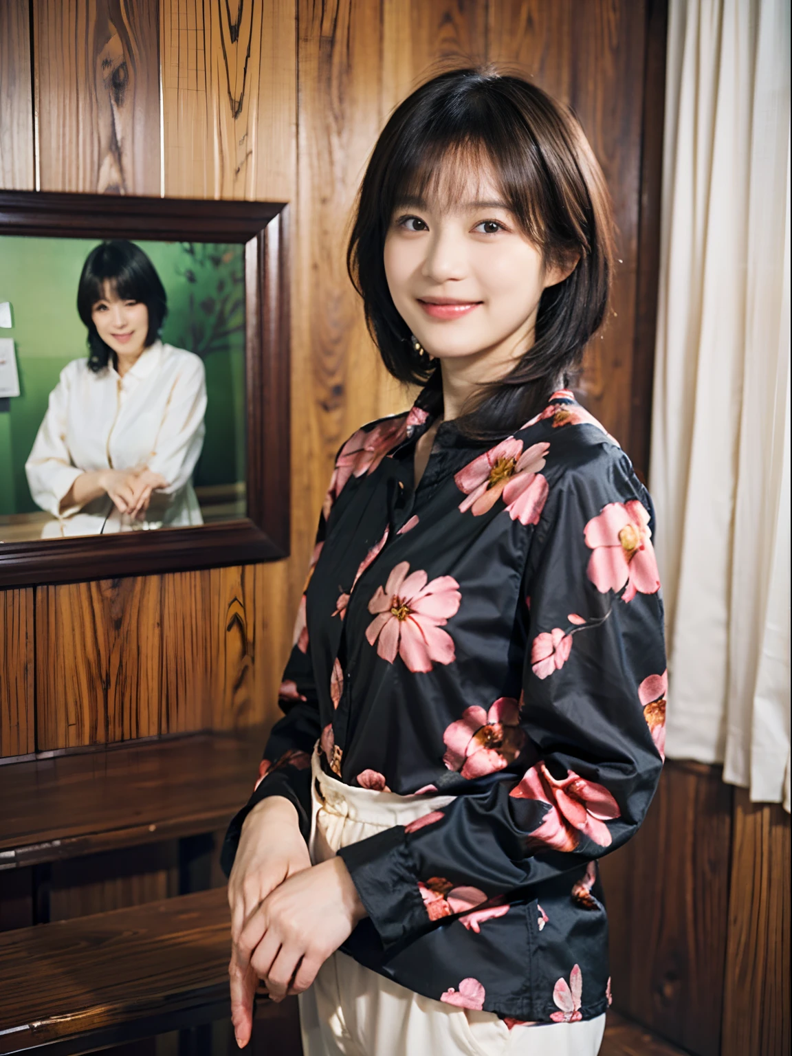 93
(a 20 yo woman,is standing), (A hyper-realistic), (masutepiece), ((short-hair:1.46)), (Smooth black hair), wear long pants, (Wearing a long-sleeved shirt with a floral print), (painterly、picture frame), (Gentle smile), (Keep your mouth shut)