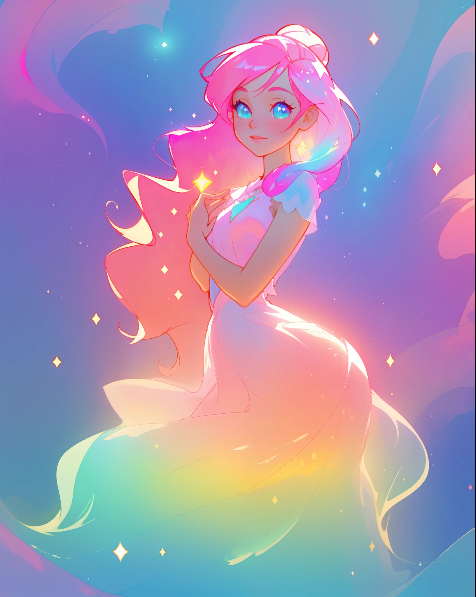 beautiful girl in sparkling gradient ballgown, long wavy peach pink hair, vibrant pastel colors, (colorful), colorful watercolor background, ethereal, magical lights, sparkling liquid light, inspired by Glen Keane, inspired by Lois van Baarle, disney art style, by Lois van Baarle, glowing aura around her, by Glen Keane, jen bartel, glowing lights! digital painting, flowing glowing hair, glowing flowing hair, beautiful digital illustration, fantasia background, whimsical, magical, fantasy, beautiful face, ((masterpiece, best quality)), intricate details, highly detailed, sharp focus, 8k resolution, sparkling detailed eyes, liquid watercolor