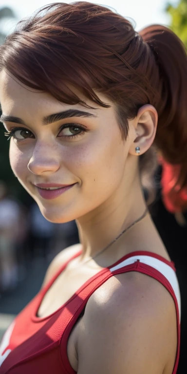 Photo of a -yeld Euean girl, .RAW, beautiful woman, (Light brown hair with ponytail hairstyle ), peinado de cola de caballo ((retrato)), ((Cara detallada:1.2)), ((Detailed facial features)), (Piel finamente detallada), Pale skin , con pecas en mejillas ,parque, Noria de Londres、ropa deportiva , playera de manga larga roja con blanco、senos medianos ,linda sonrisa (cool color), humid, humid, Reflectores, (Masutepiece) (proporciones perfectas)(fotos realistas)(La mejor calidad) (Detallado) fotografiado con una EOS R5 de Canon, Lente de 50 mm, f/2.8, NffSW, (8k) (papel tapiz) (cinematic lighting) (Dramatic lighting) (foco nítido) (Enrevesado) caminando, pelota de tenis