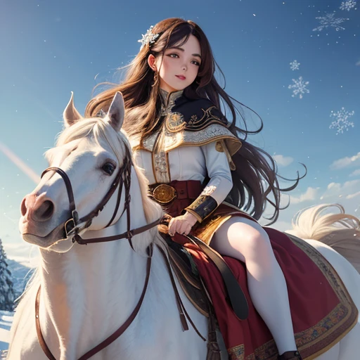 (high detail, super quality, high resolution, 8k), (mature female, long hair, big eyes), wearing JK style, happy, riding a horse, beautiful snowflakes, natural soft light