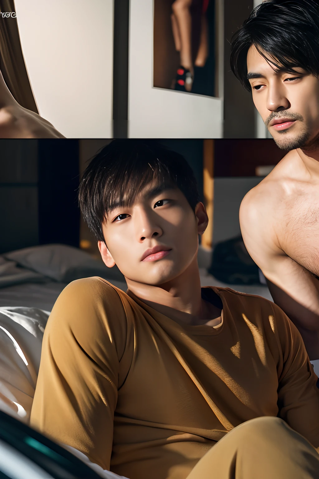 top-quality、masterpiece、high resolution、(realisitic:1.4)、详细的脸、独奏、1human male、The upper part of the body、Dark hair、glistning skin、dense skin、(asian human)、architectural、(absurderes、hight resolution、ultra-detailliert)、、1 male、Adults、(20-year-old man)、a handsome、tall muscular man、broad shoulder、extra very short hair、angular jaws、thick neck、thick eyebrow、extra very short hair、A dark-haired、fine eyes and detailed face、 Highly detailed CG Unity 8K wallpapers、intricate-detail、(Style Swirl Magic:0.7)、looking at the spectator、独奏、(full body Esbian:0.6)、细致背景、A detailed face、dynamicposes、、Urban background、dynamic compositions、 big muscle、、((Crotch bulge))、a handsome、 ((masutepiece:1.4, Best Quality)), ((masutepiece, Best Quality)), (photographrealistic:1.4)、sprawl、From above、irate、a bed、Rough breath、Sexual facial expressions、Lying down、male people、japanese male、On the screen of the smartphone camera app frame、((((Asian Men))))