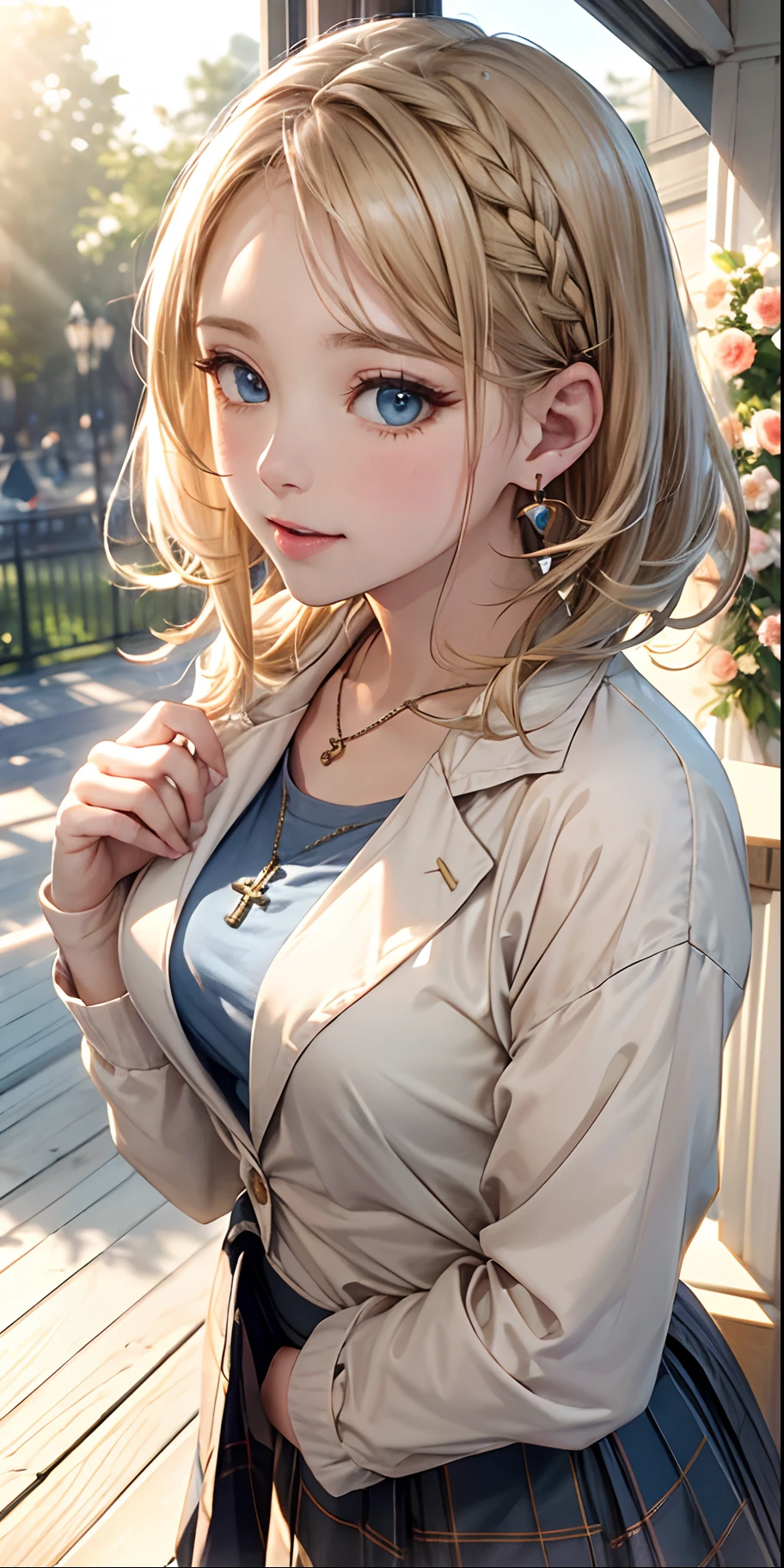 (masterpiece),(top-quality:1.2),1girl in,(masuter piece:1.3),exquisitedetails, Highest quality 8K resolution, Ultra-detailed, Realistic, Vibrant colors, Soft tones, With warm and gentle lighting, (Light shirts and blazers:1.3)、Pleated Plaid Mini Skirt、Curve、Standing by the window、(Holding the skirt with your hands:1.3)、Small Cross Necklace,earrings in the ears,(short twin-tailed blonde hair:1.3),(Hair parted in the middle:1.3),(Glowing hair),(Dark blue eyes:1.3),White skin, hair clips,Overflowing soft and gentle feelings,(The promenade is full of flowers:1.3),The sun's rays illuminate joy and pure love, Warm golden glow,The atmosphere is full of happiness and laughter, As if celebrating love,Sticking to ultra-detailed depictions and vivid colors. In a style that blends romanticism and realism、You can feel the depth of love,color palettes,Create an ethereal atmosphere like a dream,and the lighting is soft and diffused, Shine a gentle light on your face,The artwork is a masterpiece,