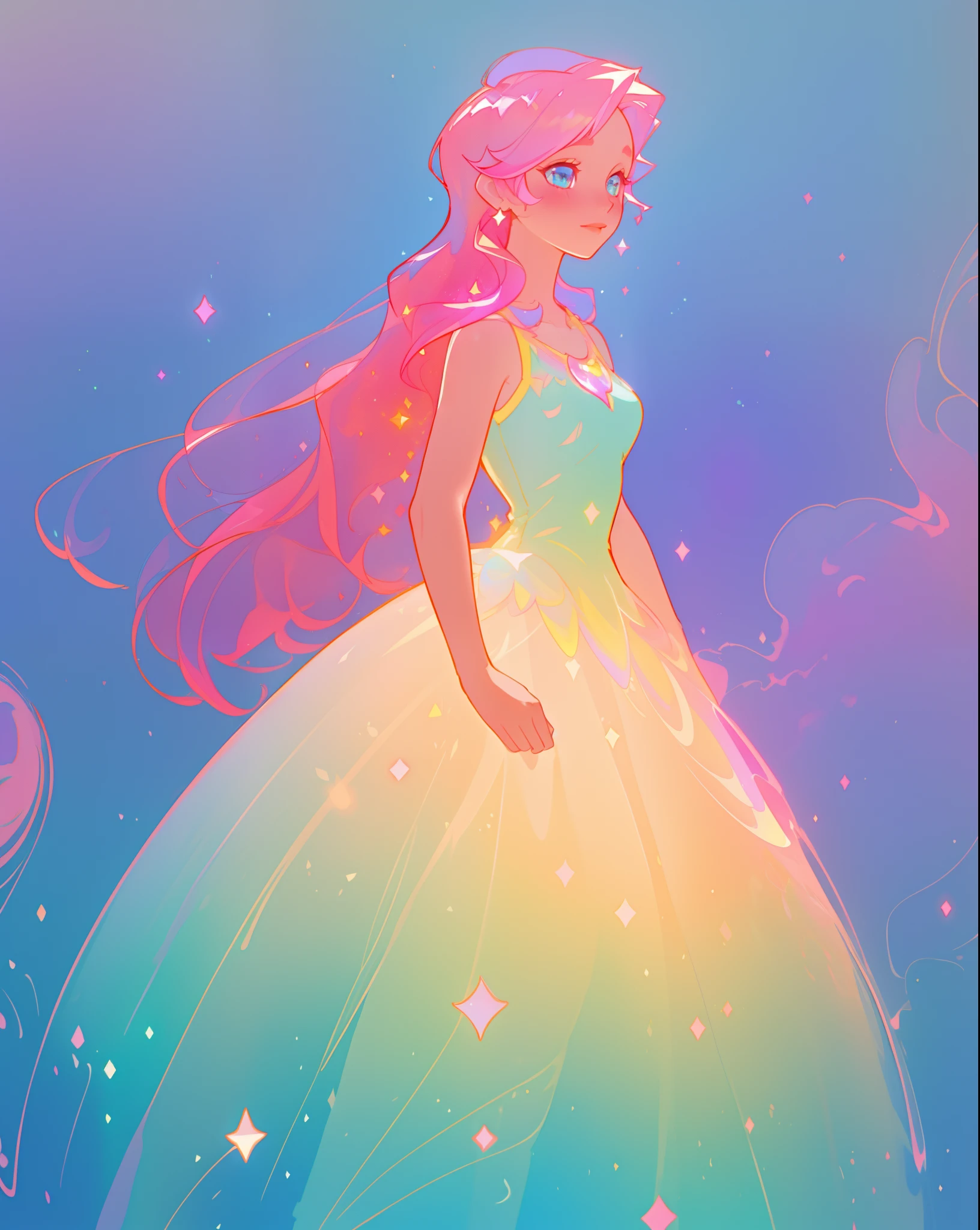 beautiful girl in sparkling gradient ballgown, long wavy peach pink hair, vibrant pastel colors, (colorful), colorful watercolor background, ethereal, magical lights, sparkling liquid light, inspired by Glen Keane, inspired by Lois van Baarle, disney art style, by Lois van Baarle, glowing aura around her, by Glen Keane, jen bartel, glowing lights! digital painting, flowing glowing hair, glowing flowing hair, beautiful digital illustration, fantasia background, whimsical, magical, fantasy, beautiful face, ((masterpiece, best quality)), intricate details, highly detailed, sharp focus, 8k resolution, sparkling detailed eyes, liquid watercolor