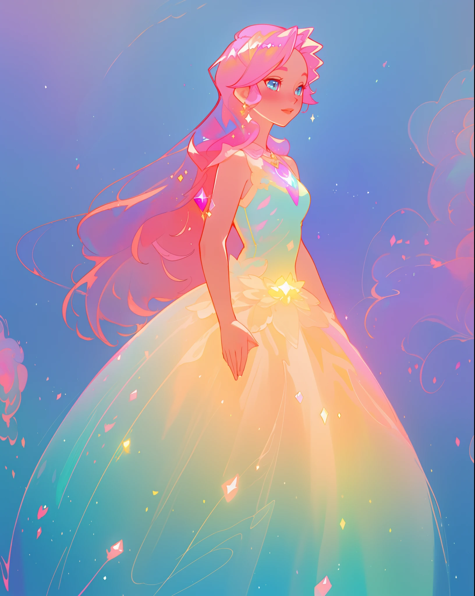 beautiful girl in sparkling gradient ballgown, long wavy peach pink hair, vibrant pastel colors, (colorful), colorful watercolor background, ethereal, magical lights, sparkling liquid light, inspired by Glen Keane, inspired by Lois van Baarle, disney art style, by Lois van Baarle, glowing aura around her, by Glen Keane, jen bartel, glowing lights! digital painting, flowing glowing hair, glowing flowing hair, beautiful digital illustration, fantasia background, whimsical, magical, fantasy, beautiful face, ((masterpiece, best quality)), intricate details, highly detailed, sharp focus, 8k resolution, sparkling detailed eyes, liquid watercolor
