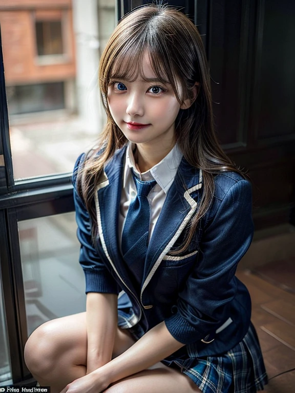 (masutepiece:1.3, Photorealsitic:1.4, 8K), top-quality, masterpiece, 超A high resolution, Perfect dynamic composition, Highly detailed skin and facial texture:1.3, A detailed eye, Detailed limbs, 1girl in, Cute sexy slim woman, Fair skin, ((Sense of clarity:1.1)), ((Huge chest on the verge of bursting:1.0, Do not show areola)), (A smile:0.9, Totally captivates you:0.9), (Schoolgirl blazer uniform with blue tie:1.3), (Beautiful blue eyes, Eyes with a sense of beauty with a sense of transparency:0.85), Sexy face:0.4, red blush:1.1, (A mouthfeel that feels beautiful eros:0.85), Professional camera work, Grow Light Effect, ((View from the knee up)), ((Too erotic:0.9)), looking at viewert