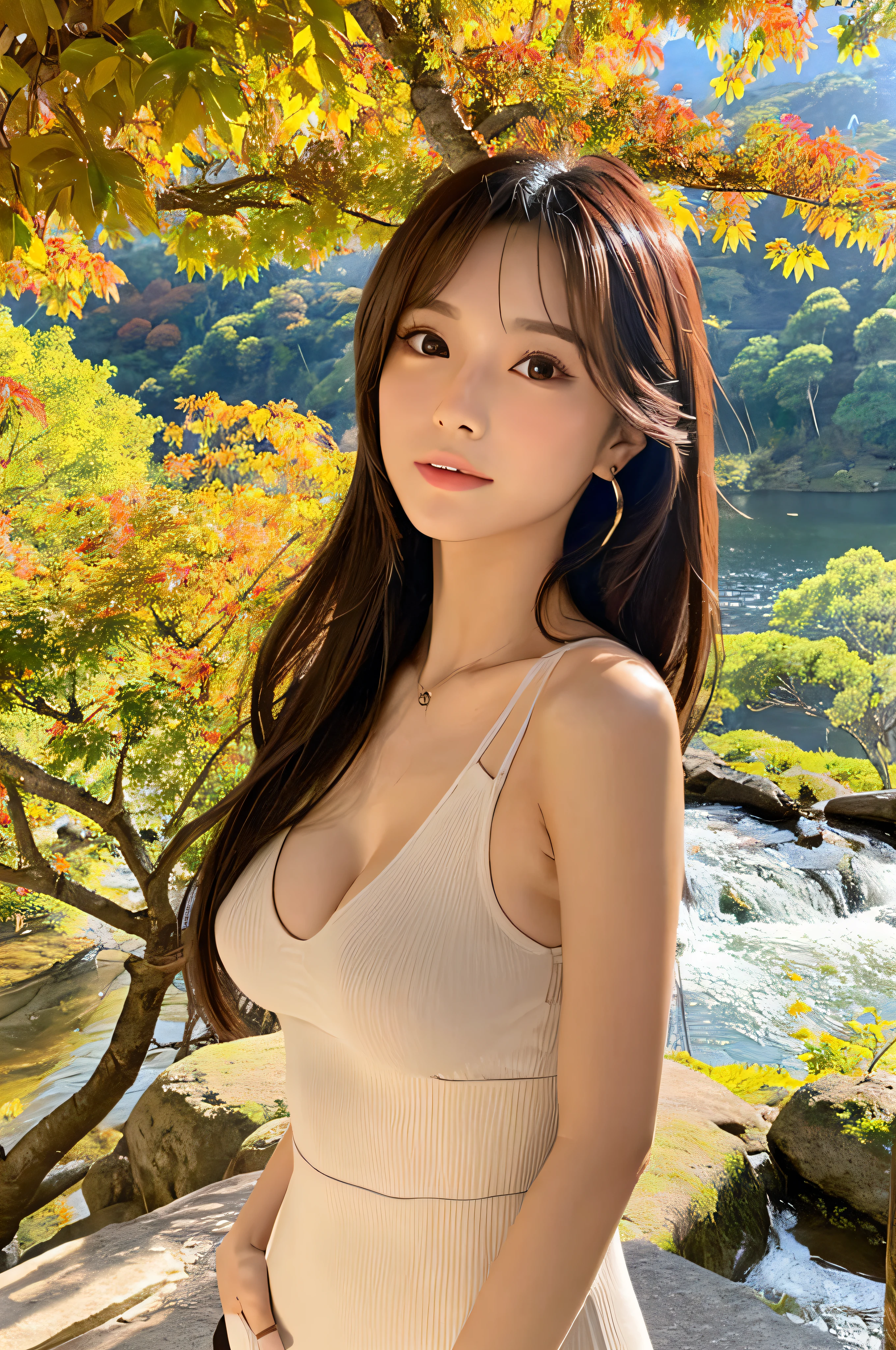 Create a sexy and attractive AI beauty character with Japanese facial features. She has long hair, a supple slender body, large eyes, and a perky figure. She has small but beautifully shaped breasts. She is dressed in chic clothes and is enjoying the autumn leaves in a mountain with a view of a waterfall.