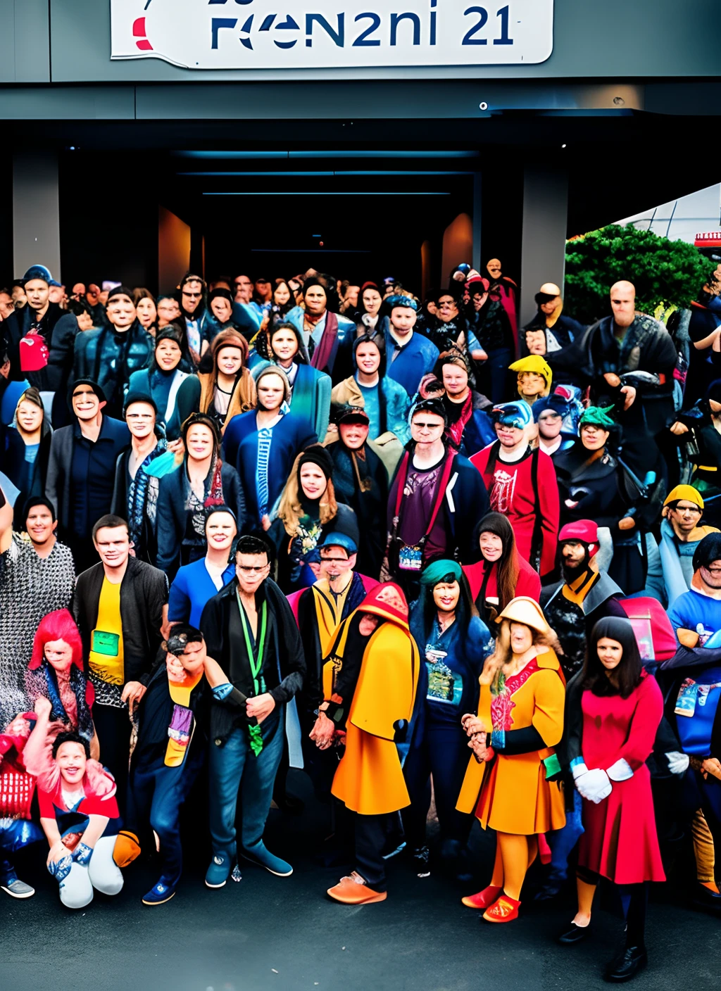 comic con group photo, lots of different cosplay, shot on Sony Alpha, dark moody aesthetic