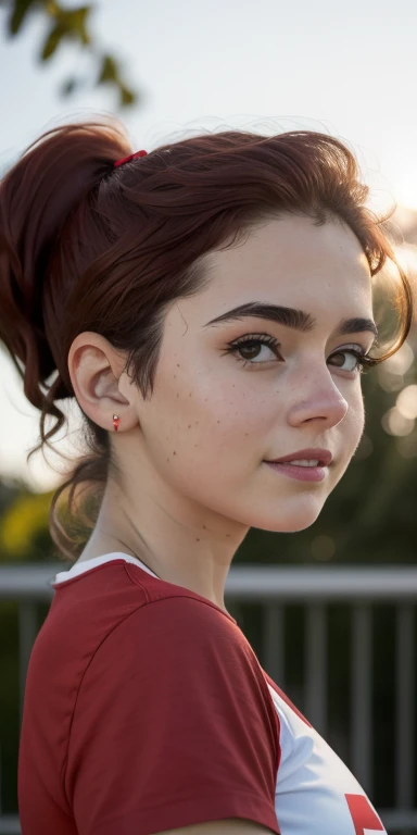 Photo of a 15-year-old European girl, .RAW, beautiful woman, (Light brown hair with ponytail hairstyle ), peinado de cola de caballo ((retrato)), ((Cara detallada:1.2)), ((Detailed facial features)), (Piel finamente detallada), Pale skin , con pecas en mejillas ,parque, Noria de Londres、ropa deportiva , playera de manga larga roja con blanco , camisa blanca de centro y mangas rojas、senos medianos ,linda sonrisa (cool color), humid, humid, Reflectores, (Masutepiece) (proporciones perfectas)(fotos realistas)(La mejor calidad) (Detallado) fotografiado con una EOS R5 de Canon, Lente de 50 mm, f/2.8, NffSW, (8k) (papel tapiz) (cinematic lighting) (Dramatic lighting) (foco nítido) (Enrevesado) caminando, pelota de tenis , cuerpo completo