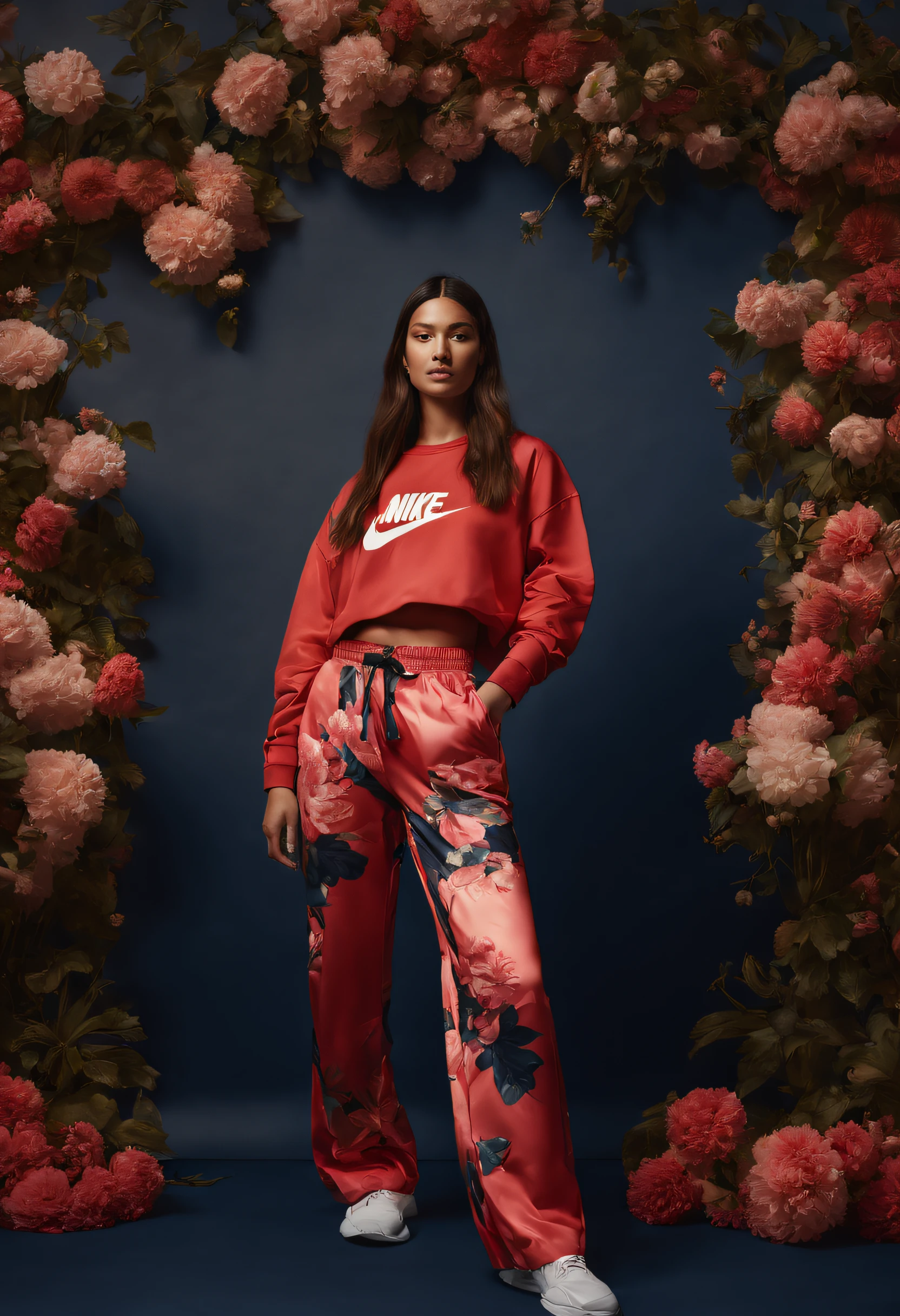 hyper realistic close nike's new campaign featuring a Mona Lisa posing in floral pants, in the style of light red and dark navy,, classical academic painting, photo taken with nikon d750, golden age aesthetics, contest winner, simple and elegant style