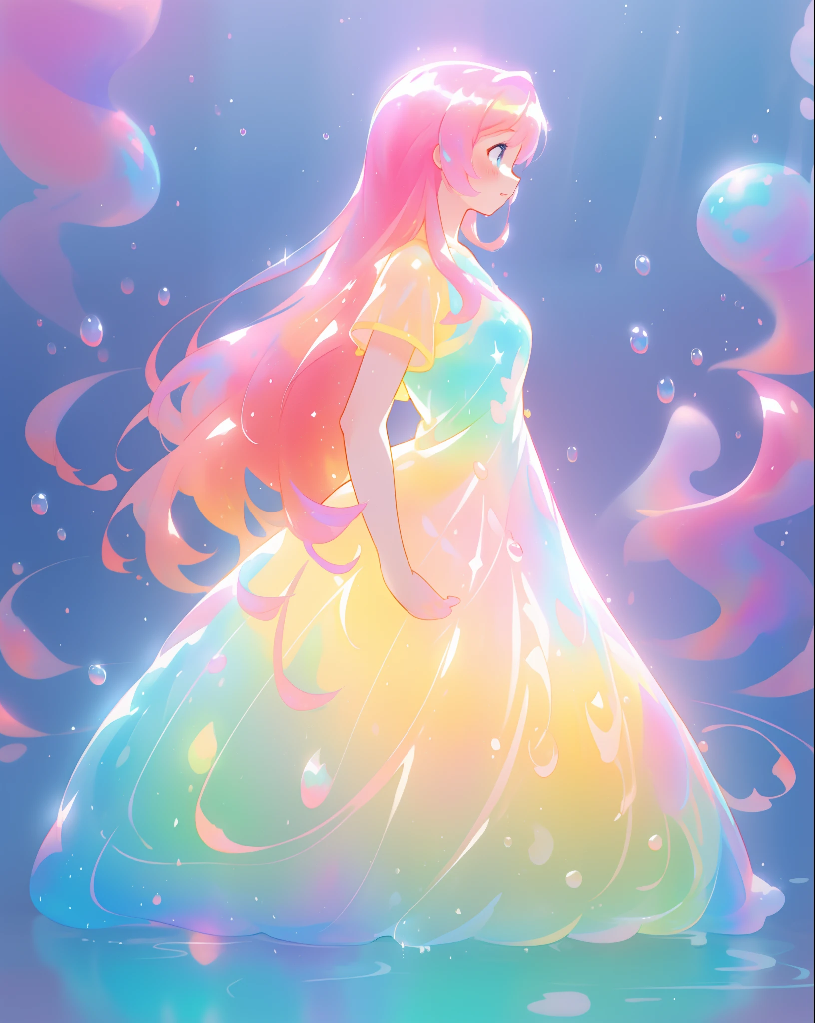 beautiful girl in sparkling gradient ballgown, long wavy peach pink hair, vibrant pastel colors, (colorful), colorful watercolor background, ethereal, magical lights, sparkling liquid light, inspired by Glen Keane, inspired by Lois van Baarle, disney art style, by Lois van Baarle, glowing aura around her, by Glen Keane, jen bartel, glowing lights! digital painting, flowing glowing hair, glowing flowing hair, beautiful digital illustration, fantasia background, whimsical, magical, fantasy, beautiful face, ((masterpiece, best quality)), intricate details, highly detailed, sharp focus, 8k resolution, sparkling detailed eyes, liquid watercolor