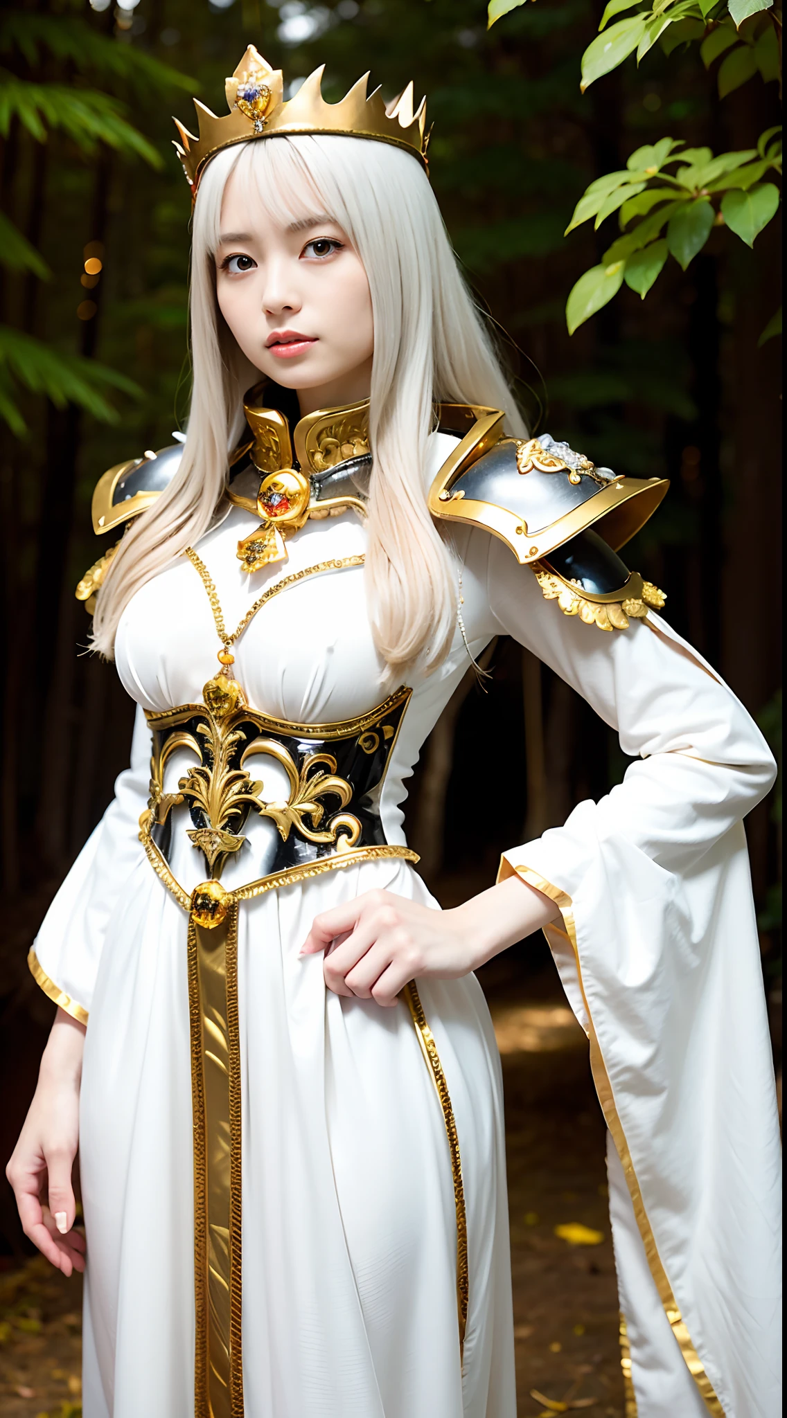 (masutepiece), professional , tmasterpiece、top-quality、Photos realistic , depth of fields （Jewel silver metal body:1.９),(Matte white、Jeweled gold weapon（Gemstone metal body:1.４),Gorgeous metal weapon , Sword of the Brave in detail , Beautiful knife   ,Warhammer 40k , Adeputa solo Ritas,Details and gorgeous jewelry crowns、Golden hair、Gan Le forest background、Beautiful Caucasian beauty、１One guy、dynamic ungle,(((A delicate and gorgeous diamond crown)))、Smaller head、A smile、Background inside the castle、Slender and beautiful female hands、nedium breasts、Soldiers in iron armor on the background、Soldiers in iron armor on the background、enigmatic expression、Light effects、