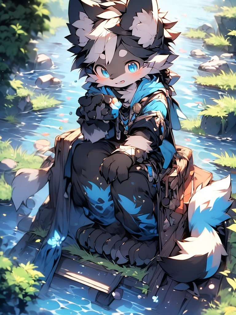 （1 boy），（shota），（high-definition picture quality，Masterpiece grade），Cute ager character，Dark gray hair，blue colored eyes，（Wolf ears），（Wolf tail），One tail，（younge boy），（Hair covers the ears），A pinch of blue bangs，In the panorama，Look at a river，Sit on grass,Side of the character