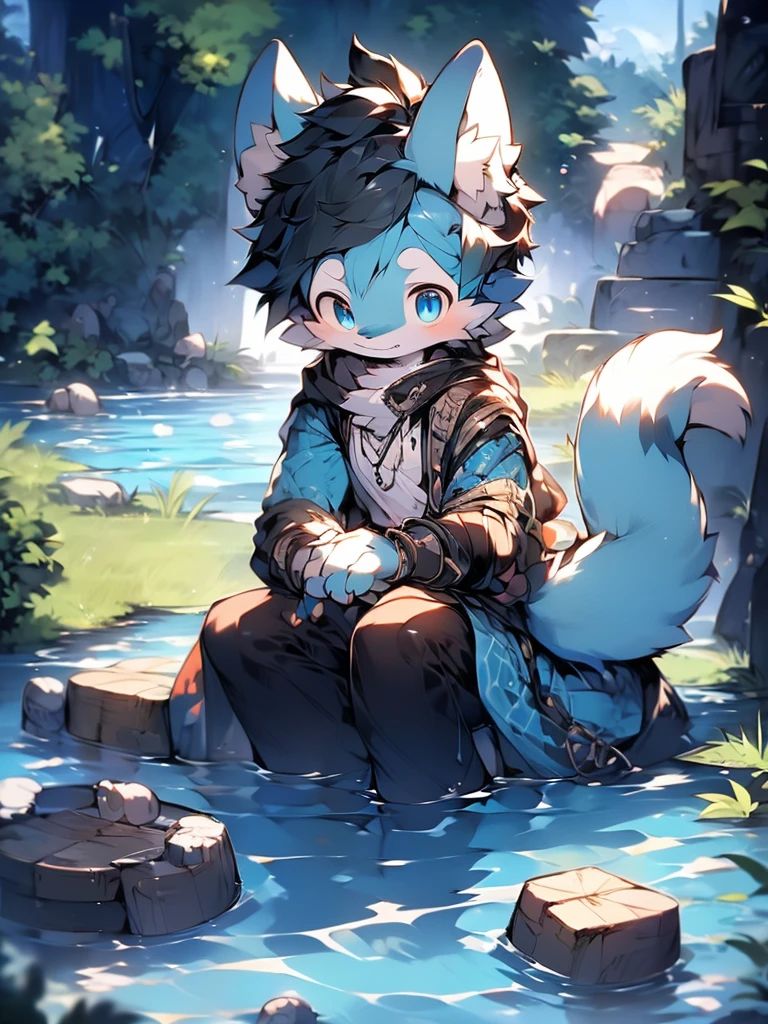 (1 boy),(shota),(high-definition picture quality,Masterpiece grade),Cute ager character,Dark gray hair,blue colored eyes,(Wolf ears),(Wolf tail),One tail,(younge boy),(Hair covers the ears),A pinch of blue bangs,In the panorama,Look at a river,Sit on grass,Side of the character