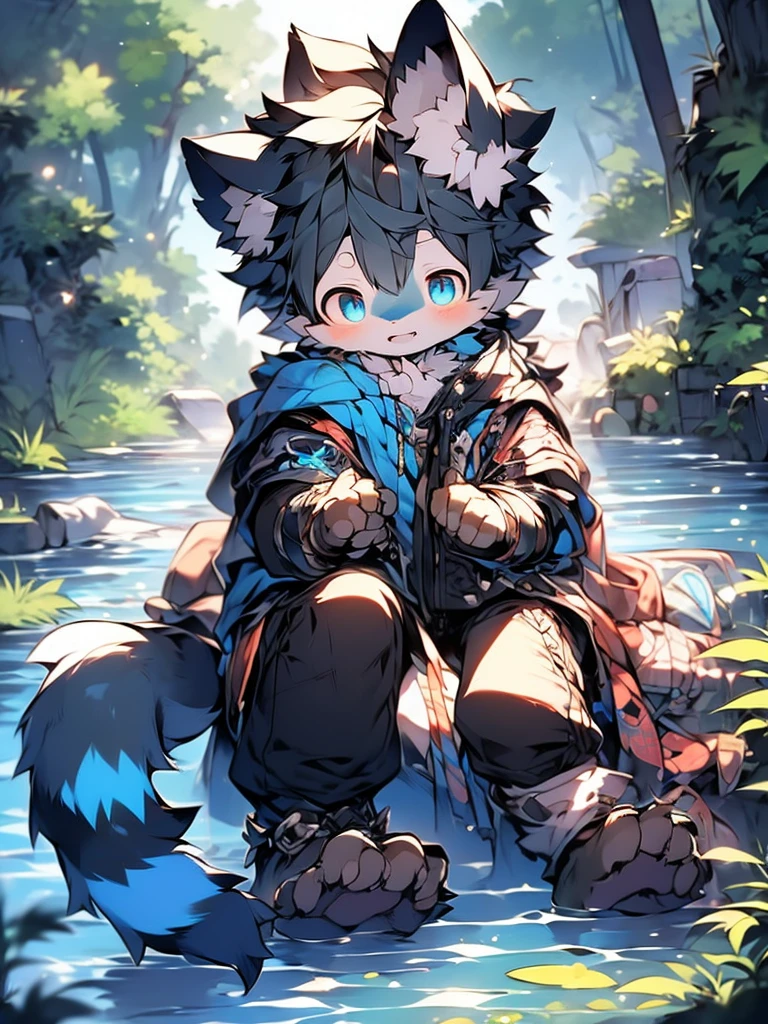 （1 boy），（shota），（high-definition picture quality，Masterpiece grade），Cute teenager character，Dark gray hair，blue colored eyes，（Wolf ears），（Wolf tail），One tail，（younge boy），（Hair covers the ears），A pinch of blue bangs，In the panorama，Look at a river，Sit on grass,Side of the character