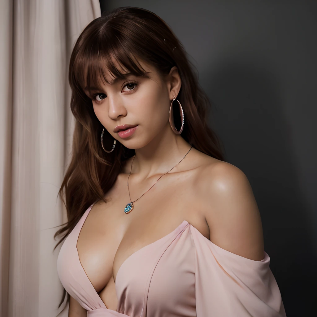 Best quality, masterpiece, ultra high res, (photorealistic:1.5), raw photo, 1girl, offshoulder, in the dark, deep shadow, low key, cold light, sexy look, anime style, African american girl, with medium sized lashes, ginger straight hair with curtain bangs, medium brown eyes, in a baby pink jumpsuit, a hello kitty sparkly necklace, diamond studded earrings, medium sized breasts, thick thighs