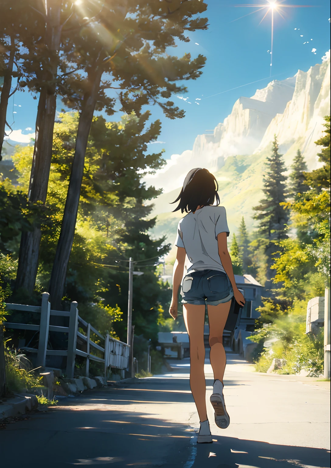 Woman shorts white shirt in the mountains with a beautiful sun tree everywhere