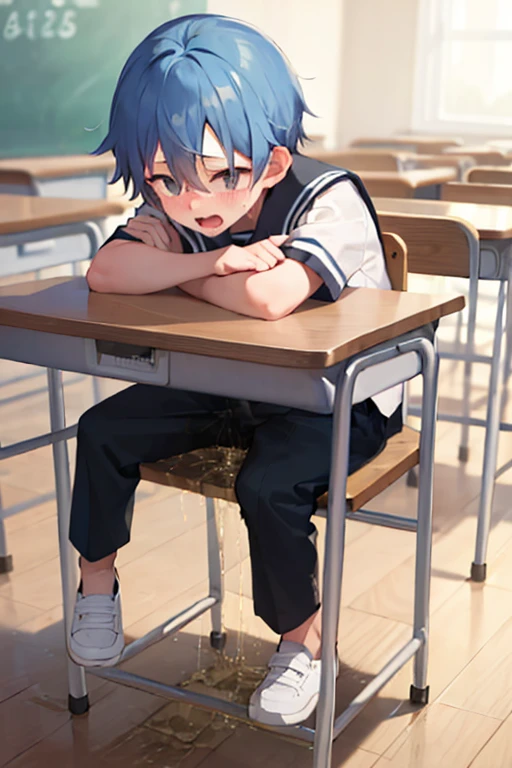 e boy, Blue hair, Kindergarten uniform, ((pee stain)), the shy, Sit on a stool in the classroom, Everyone is watching