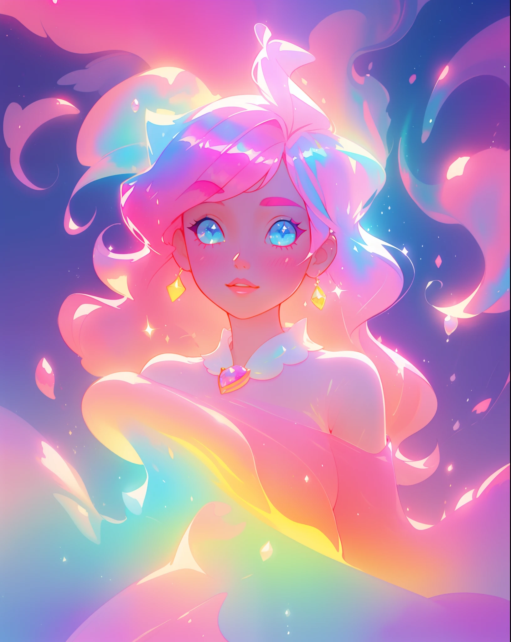 beautiful girl in sparkling gradient ballgown, long wavy peach pink hair, vibrant pastel colors, (colorful), colorful watercolor background, ethereal, magical lights, sparkling liquid light, inspired by Glen Keane, inspired by Lois van Baarle, disney art style, by Lois van Baarle, glowing aura around her, by Glen Keane, jen bartel, glowing lights! digital painting, flowing glowing hair, glowing flowing hair, beautiful digital illustration, fantasia background, whimsical, magical, fantasy, beautiful face, ((masterpiece, best quality)), intricate details, highly detailed, sharp focus, 8k resolution, sparkling detailed eyes, liquid watercolor