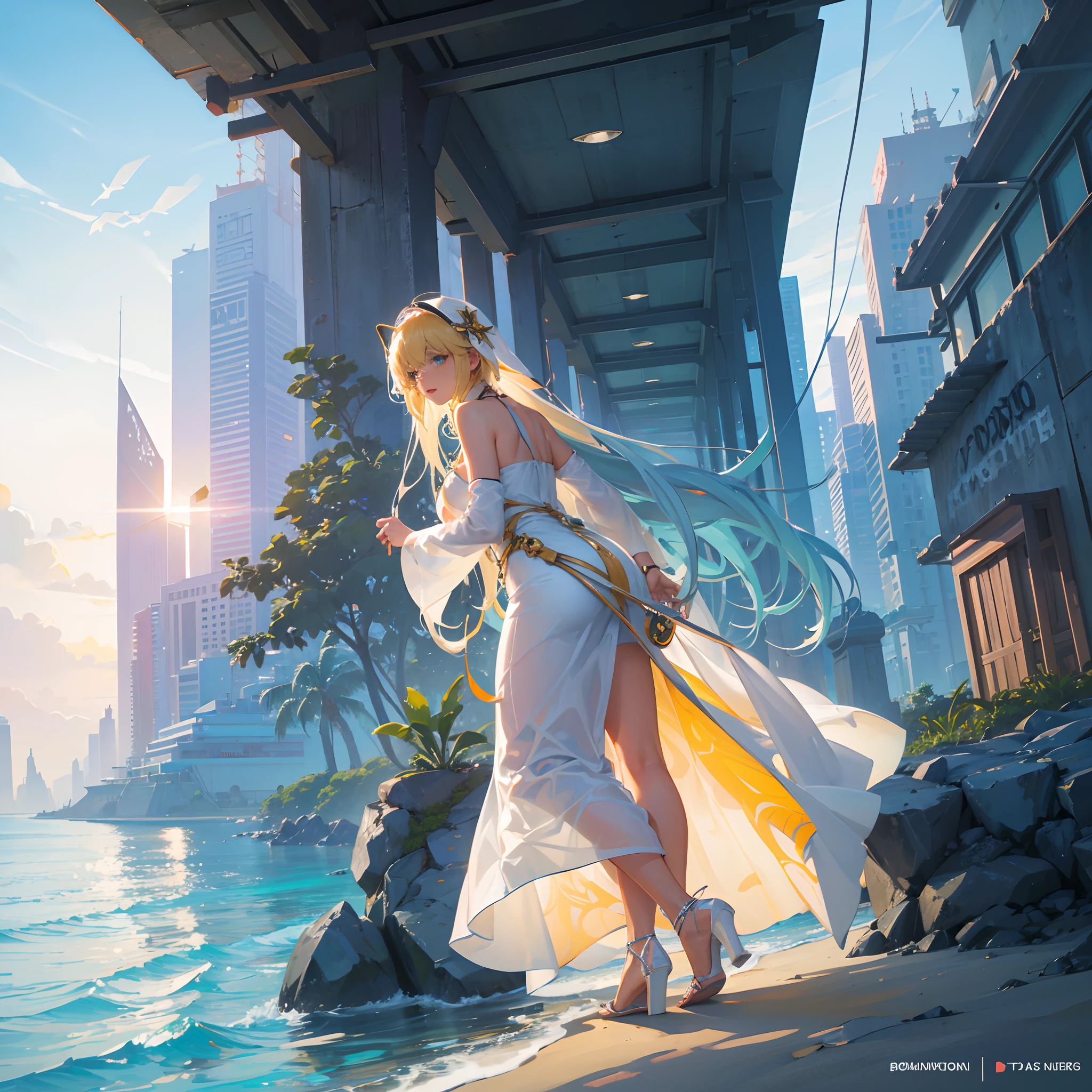 Huge Sci FI ethereal tropical City by the beach and the Sci FI seashore with boats in the background among a golden rising sun. Massive tropical alien sci fi city, huge otherworldly spanning tropical city, near beach, pennunsula, sci fi boats, planes, Sci FI, futuristic , skyscrapers, tightly packed buildings. Bahamian, Sci FI Grand Hyatt City, Sci FI Nassau supercity