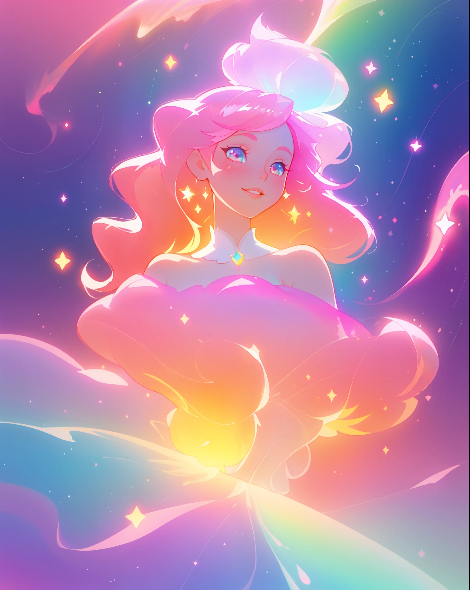 beautiful girl in sparkling gradient ballgown, long wavy peach pink hair, vibrant pastel colors, (colorful), colorful watercolor background, ethereal, magical lights, sparkling liquid light, inspired by Glen Keane, inspired by Lois van Baarle, disney art style, by Lois van Baarle, glowing aura around her, by Glen Keane, jen bartel, glowing lights! digital painting, flowing glowing hair, glowing flowing hair, beautiful digital illustration, fantasia background, whimsical, magical, fantasy, beautiful face, ((masterpiece, best quality)), intricate details, highly detailed, sharp focus, 8k resolution, sparkling detailed eyes, liquid watercolor