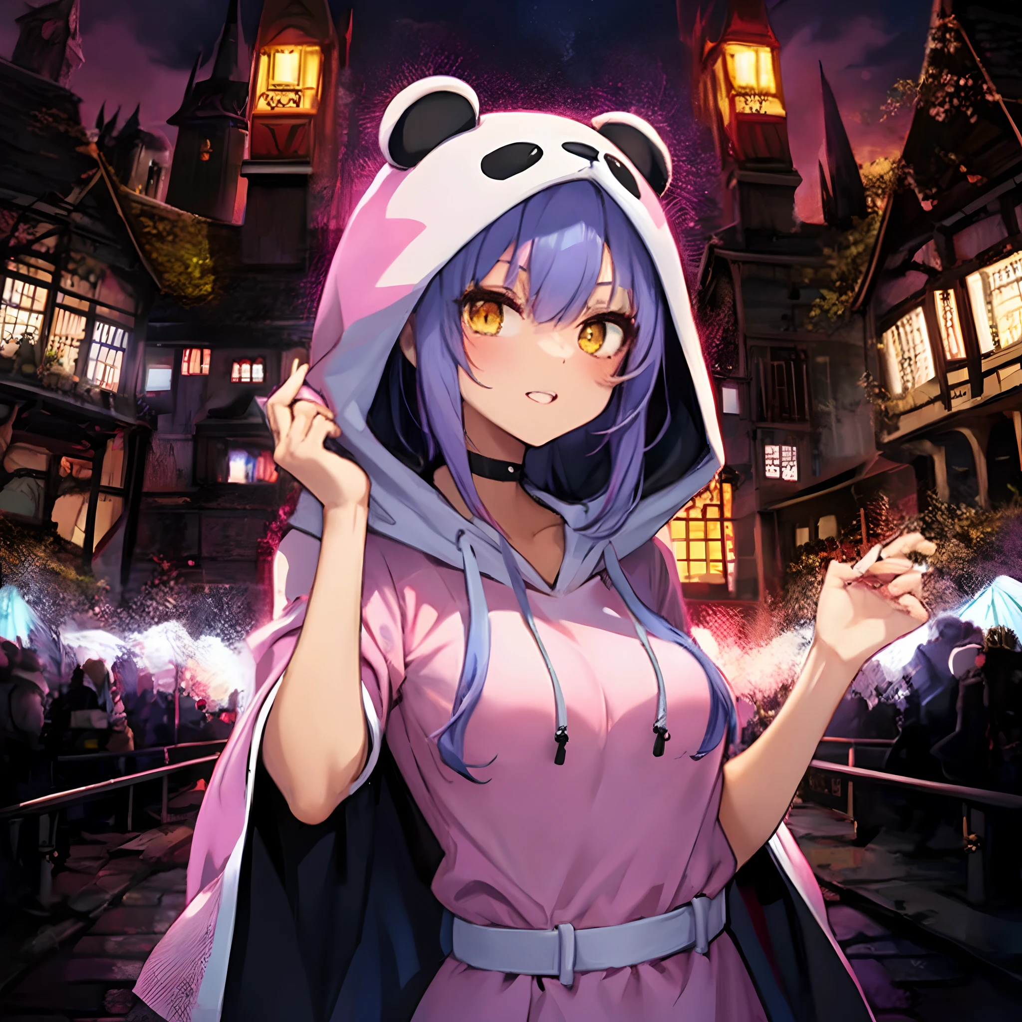 anime girl in a panda hoodie and pink dress, digital art tanned skin, blue and purple hair, yellow eyes, vampire, tanned skin, castle scenery