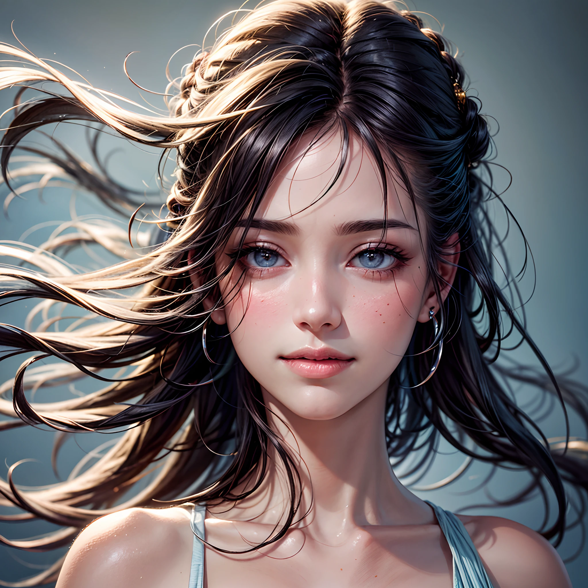 (best quality,highres,masterpiece:1.2),ultra-detailed,(realistic,photorealistic,photo-realistic:1.37),portraits,sharp focus,vivid colors,beautiful detailed eyes,beautiful detailed lips,longeyelashes,hair flowing in the wind,rosy cheeks,soft and smooth skin,natural-looking eyebrows,sparkling eyes with intricate details,tiny wrinkles around the eyes and mouth,subtle blush on the face,warm and inviting smile,detailed eyelashes with volume and length,sparkling highlights in the eyes,sunlit studio lighting,subtle atmospheric haze,delicate shadows on the face,impeccable skin texture,expressive facial features,life-like expressions,captivating gaze,pure joy and happiness radiating from the eyes and face, back lighting, , Japanese,