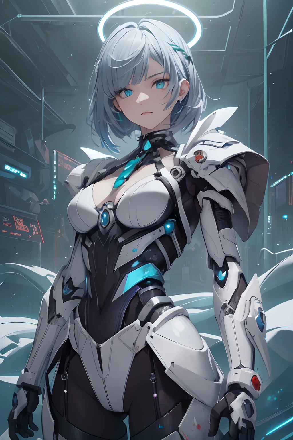 light particles, halo, (bioluminescent:0.95), bioluminescent, piercing glare, vibrant, (((colourful))), color, (glowing, glow), reflection light, depth of field, from behind, multiple views, delicated best quality, (((masterpiece))), ((best quality)), ((ultra-detailed)), (CG illustration), (an extremely devious and beautiful)), cinematic light, ((1 mechanical girl)), (white, blue hair), (short hair), (green eyes), (purple lips), (absurdly large silver robe), single, full, mechanical halo,star halo,intricate mechanical bodysuit, mecha corset, (full armor: yalow and white), (machine-made joints: 1.4), ((mechanical limbs)), ( blood vessels attached to the tube), ((mechanical spine attached to the back)), ((mechanical cervical vertebrae attached to the neck), ((combat stance)), expressionless, (wires and cables attached to the head and body: 1.5), (character focus), science fiction, apocalypse, glow, (full shoot body:1.1)